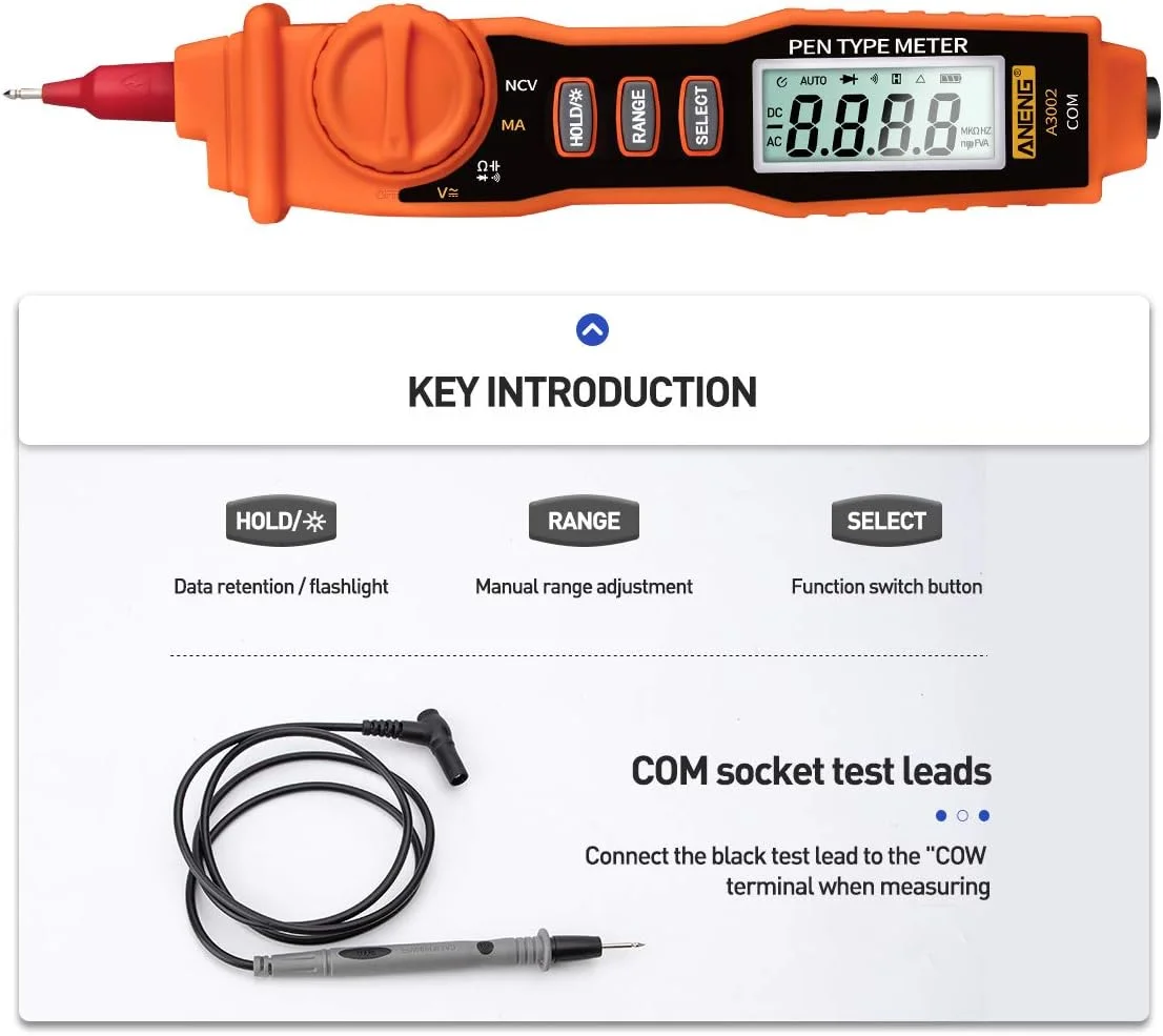 مولتی متر دیجیتال، مولتی متر قلمی A3002 با 4000 شمارنده، تستر دستی غیر تماسی قلمی برای تست ولتاژ AC/DC/دیود/پیوستگی با چراغ قوه پس زمینه مولتی متر دیجیتال، مولتی متر قلمی A3002 با 4000 شمارنده، تستر دستی غیر تماسی قلمی برای تست ولتاژ AC/DC/دیود/پیوستگی با چراغ قوه پس زمینه
