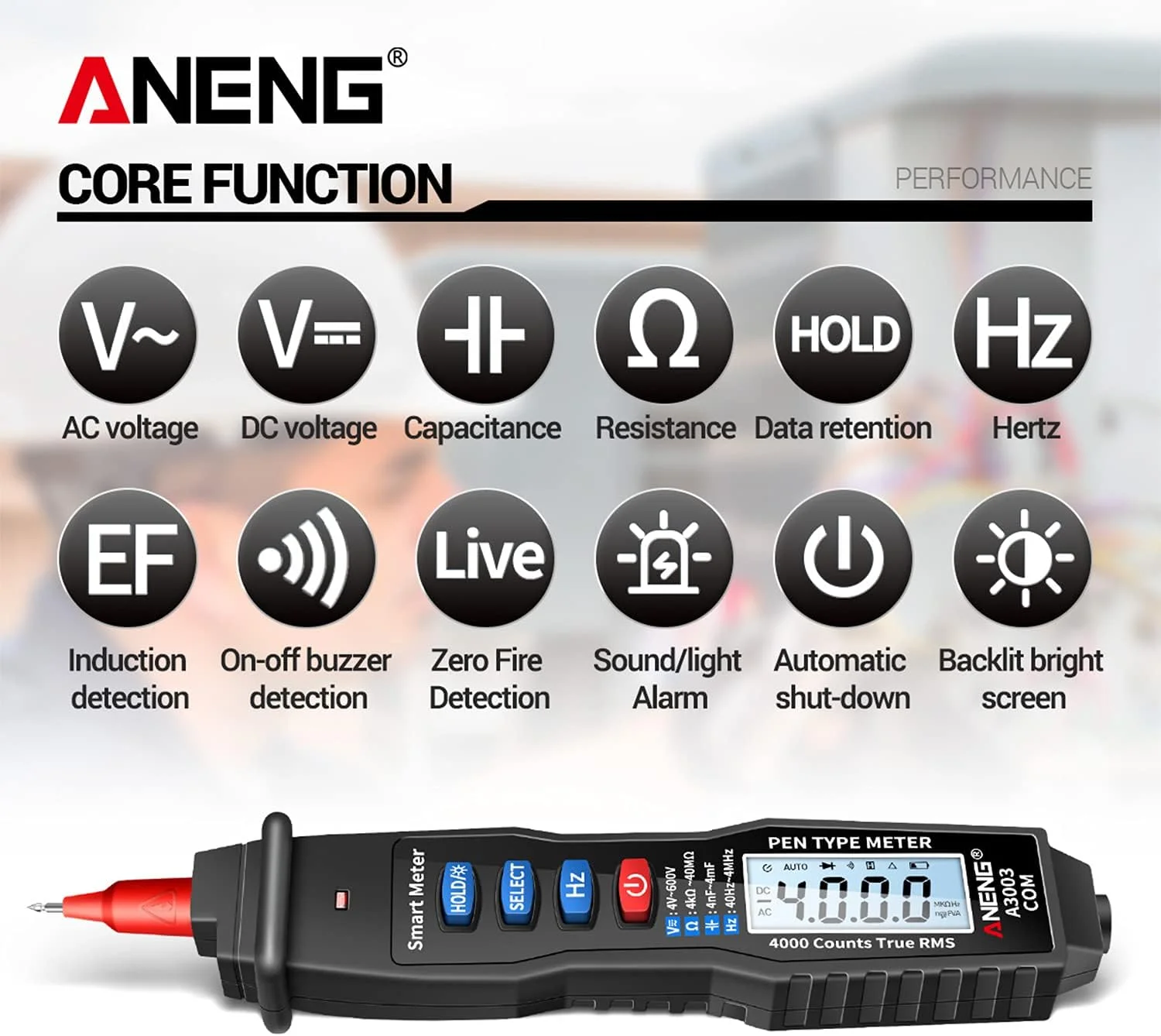 تستر ولتاژ، مولتی متر قلمی دیجیتال NCV AC/DC ولت متر اهم متر مقاومت خازن فرکانس تست خط زنده تستر دستی با نور پس زمینه LCD 4000 شمارش با نگه داشتن داده و چراغ قوه