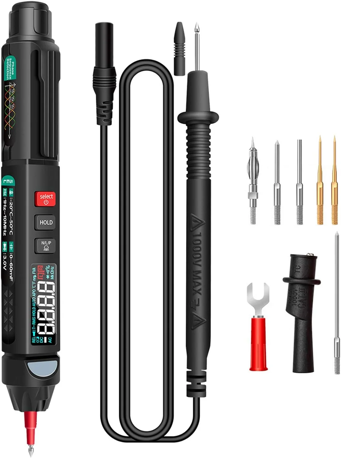 مولتی متر قلمی یونی تی A3008 با 6000 شمارنده، مولتی متر دیجیتال، تستر با صفحه نمایش، چراغ قوه، NCV، خاموش شدن خودکار، لوازم جانبی برای ولتاژ، مقاومت، ظرفیت خازنی، دیود مولتی متر قلمی یونی تی A3008 با 6000 شمارنده، مولتی متر دیجیتال، تستر با صفحه نمایش، چراغ قوه، NCV، خاموش شدن خودکار، لوازم جانبی برای ولتاژ، مقاومت، ظرفیت خازنی، دیود