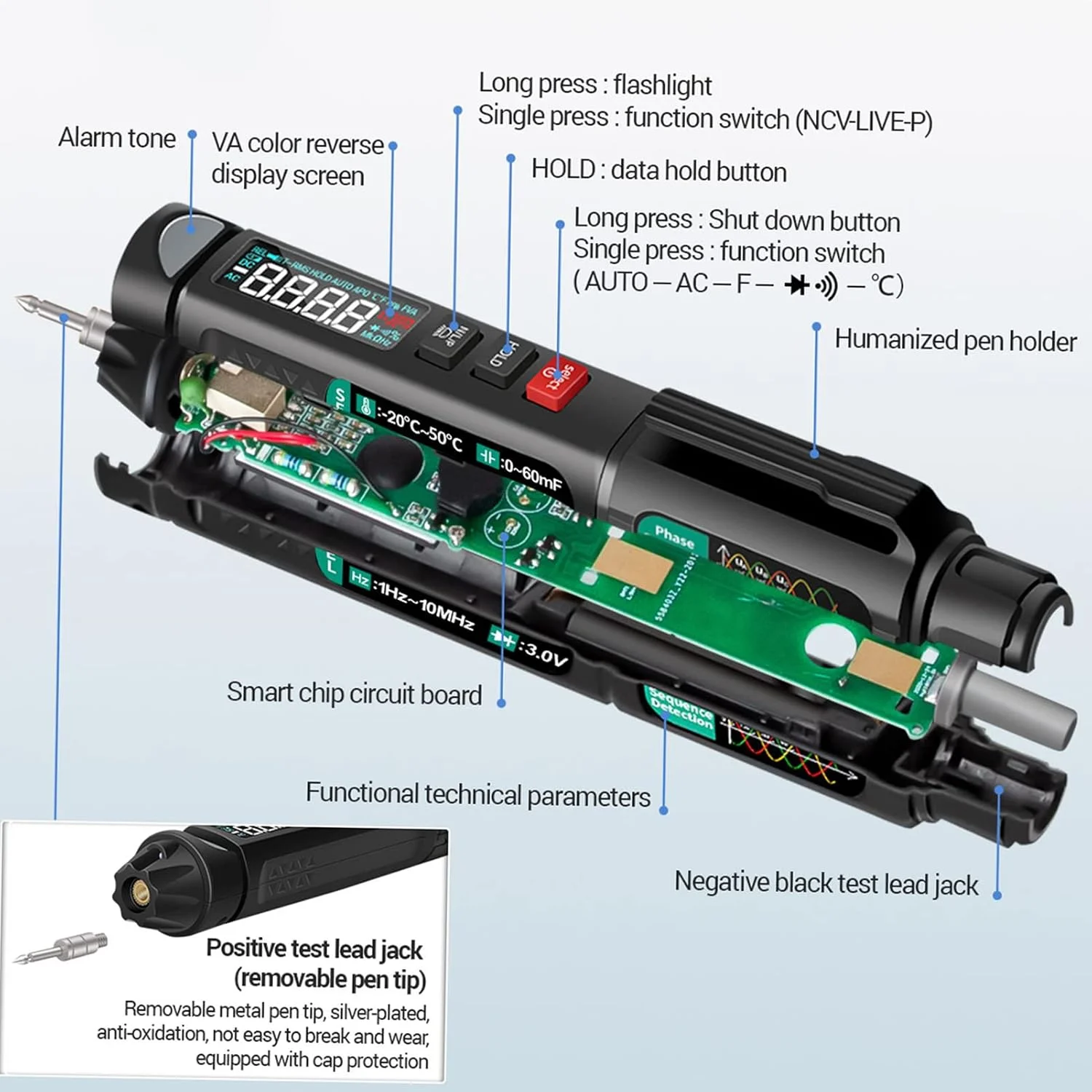 مولتی متر قلمی دیجیتال یونی تی مدل A3008 با 6000 شمارنده، صفحه نمایش ال سی دی، چراغ قوه، NCV و خاموش شدن خودکار برای تست ولتاژ، مقاومت، ظرفیت خازنی، دیود و تست پیوستگی (رنگ مولتی متر قلمی دیجیتال یونی تی مدل A3008 با 6000 شمارنده، صفحه نمایش ال سی دی، چراغ قوه، NCV و خاموش شدن خودکار برای تست ولتاژ، مقاومت، ظرفیت خازنی، دیود و تست پیوستگی (رنگ