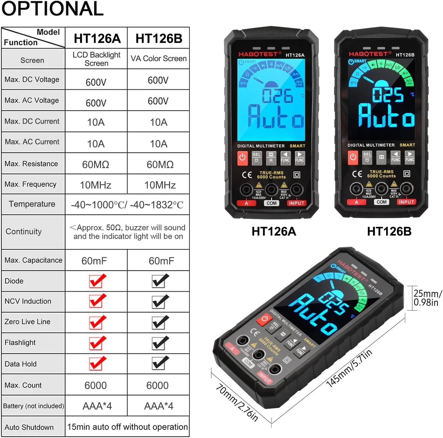 مولتی متر دیجیتال هوشمند یونی تی مدل HT126B با 6000 شمارش، True RMS، رنج خودکار، صفحه نمایش رنگی VA، تستر الکتریکی، ولت متر، آمپرمتر، اندازه گیری دما، چند منظوره ولتاژ AC DC و ظرفیت خازنی مولتی متر دیجیتال هوشمند یونی تی مدل HT126B با 6000 شمارش، True RMS، رنج خودکار، صفحه نمایش رنگی VA، تستر الکتریکی، ولت متر، آمپرمتر، اندازه گیری دما، چند منظوره ولتاژ AC DC و ظرفیت خازنی
