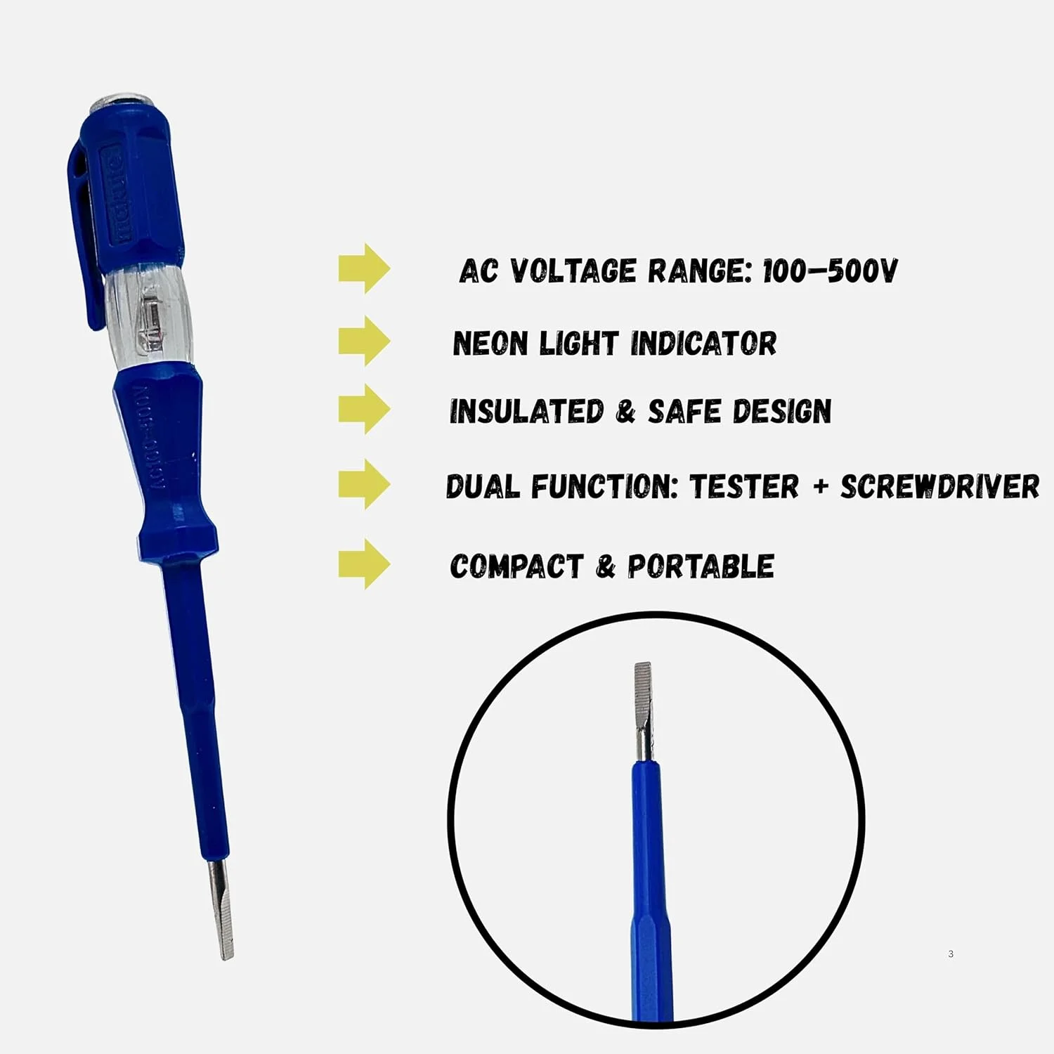 قلم تست ولتاژ Makute – پیچ گوشتی تست برق AC 100–500 ولت با نشانگر نئون | تست کننده مدار دستی عایق برای خانه، پریز، سیم و تشخیص خطوط برق (آبی)