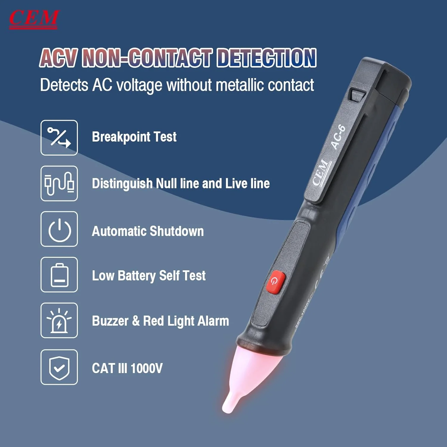 قلم تست ولتاژ غیر تماسی CEM، آشکارساز ولتاژ 50V-1000V، تستر الکتریکی قابل حمل با حالت صوتی و بی صدا قابل تعویض برای پریزها، سیم ها، سوئیچ ها، لوازم روشنایی، قطع کننده های مدار قلم تست ولتاژ غیر تماسی CEM، آشکارساز ولتاژ 50V-1000V، تستر الکتریکی قابل حمل با حالت صوتی و بی صدا قابل تعویض برای پریزها، سیم ها، سوئیچ ها، لوازم روشنایی، قطع کننده های مدار