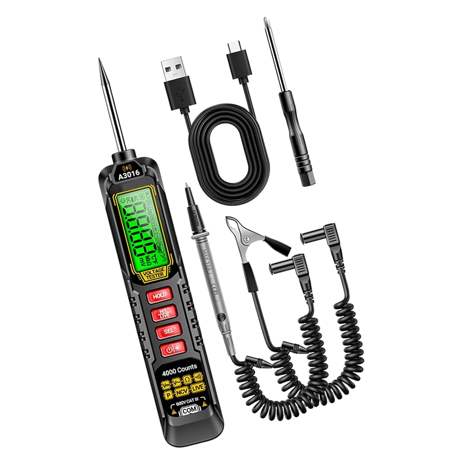 قلم تستر الکتریکی، ولت متر 4000 رقمی نوع قلمی، آشکارساز ولتاژ، تستر الکتریکی، آمپرمتر با قابلیت نگهداری داده، قلم مولتی متر تست مدار الکتریکی با صفحه نمایش LCD و محدوده خودکار و تست پیوستگی