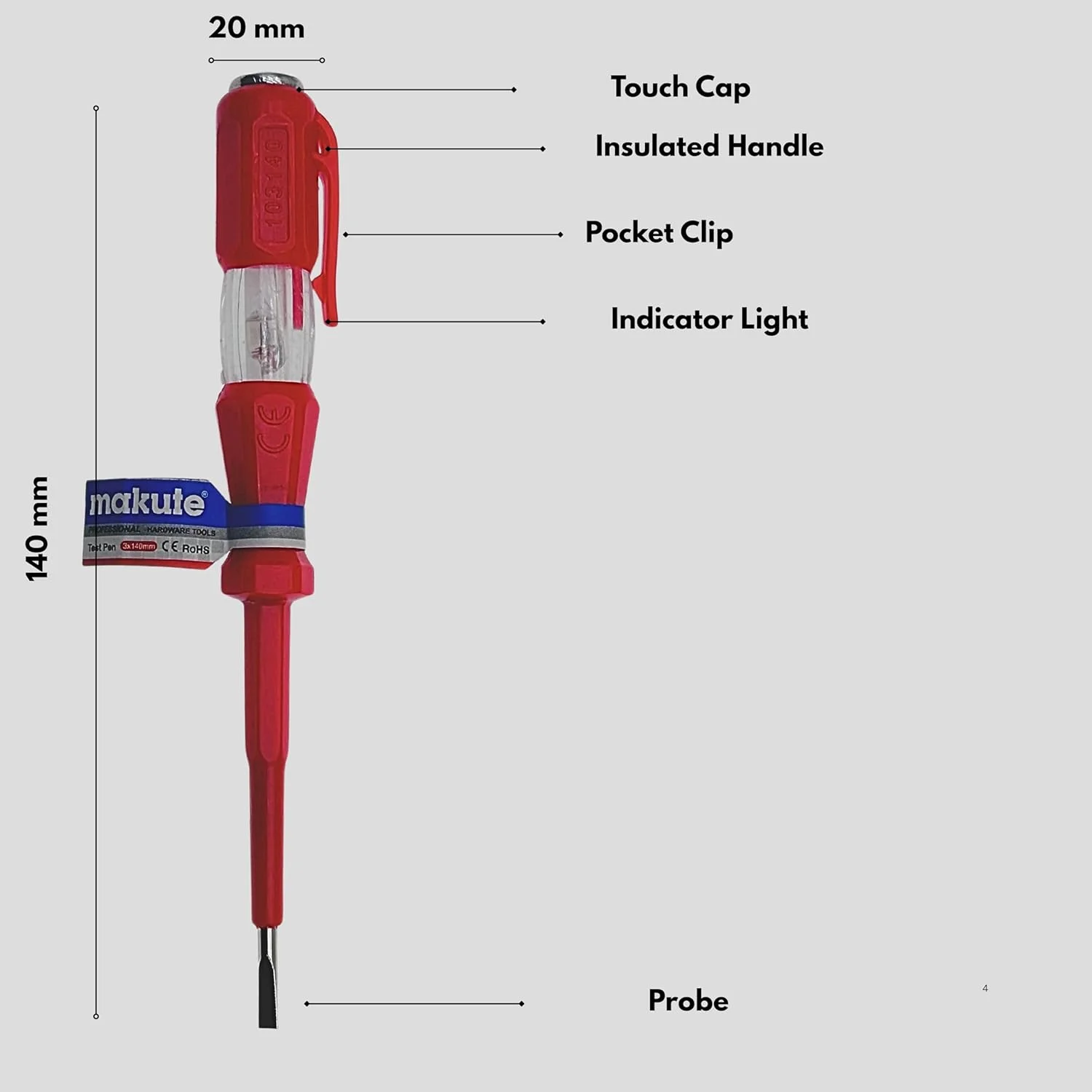 قلم تست ولتاژ Makute – پیچ گوشتی تست برق AC 100–500 ولت با نشانگر نئون | تستر مدار دستی عایق شده برای خانه، پریز، سیم و تشخیص خطوط برق (قرمز)