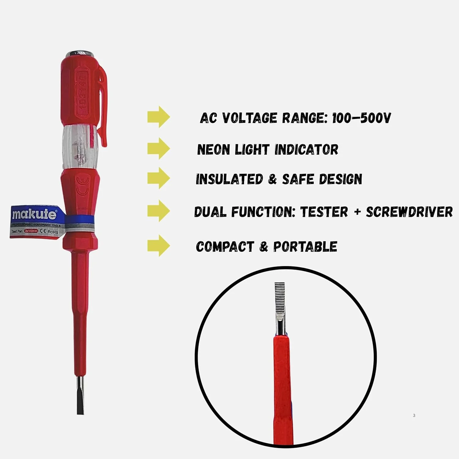 قلم تست ولتاژ Makute – پیچ گوشتی تست برق AC 100–500 ولت با نشانگر نئون | تستر مدار دستی عایق شده برای خانه، پریز، سیم و تشخیص خطوط برق (قرمز)