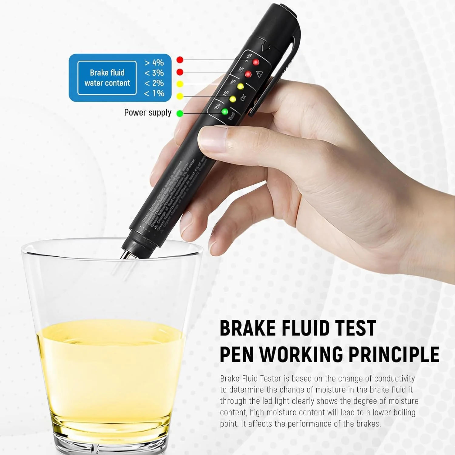 قلم تست مایع ترمز آزونی – دارای 5 نشانگر LED برای تشخیص رطوبت در مایعات ترمز DOT 3/4/5.1، ابزار تشخیصی جهانی ترمز برای نگهداری خودرو، تجزیه و تحلیل کننده رطوبت روغن مایع هیدرولیک