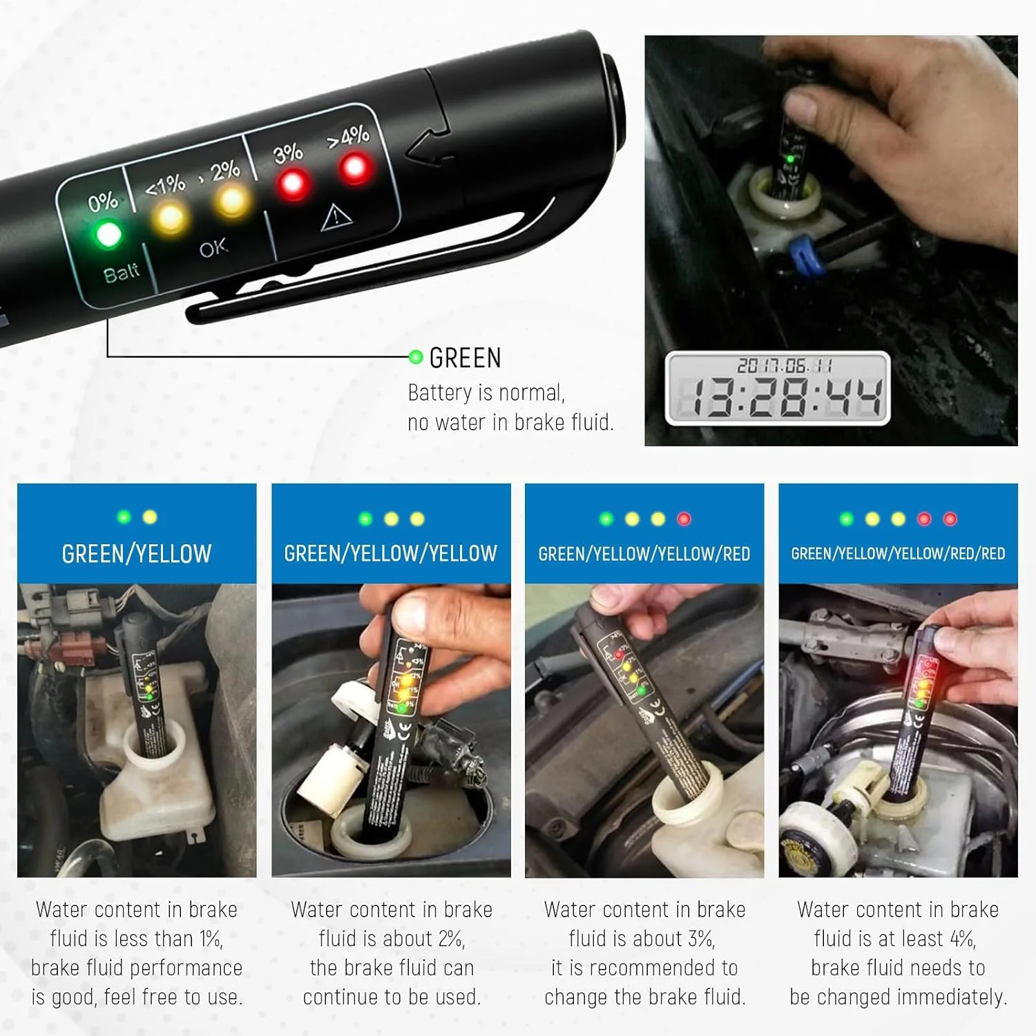 قلم تست مایع ترمز آزونی – دارای 5 نشانگر LED برای تشخیص رطوبت در مایعات ترمز DOT 3/4/5.1، ابزار تشخیصی جهانی ترمز برای نگهداری خودرو، تجزیه و تحلیل کننده رطوبت روغن مایع هیدرولیک