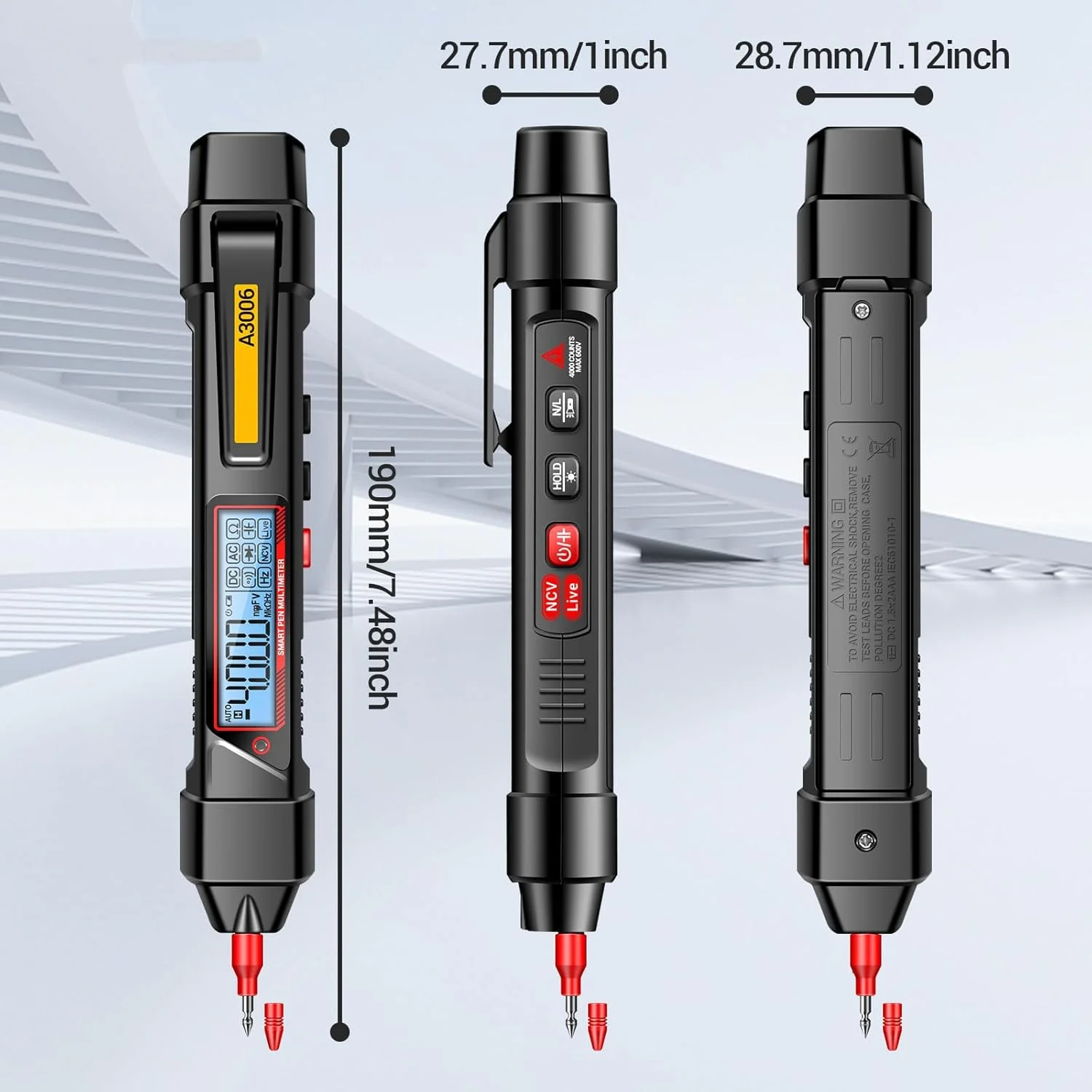 مولتی متر قلمی چند منظوره KOWVOWZ A3006 با 4000 شمارش، تستر ولتاژ AC/DC 2 در 1، ردیاب سیم فاز با صفحه نمایش LCD دارای نور پس زمینه برای تست مقاومت، ظرفیت خازنی و دیود مولتی متر قلمی چند منظوره KOWVOWZ A3006 با 4000 شمارش، تستر ولتاژ AC/DC 2 در 1، ردیاب سیم فاز با صفحه نمایش LCD دارای نور پس زمینه برای تست مقاومت، ظرفیت خازنی و دیود