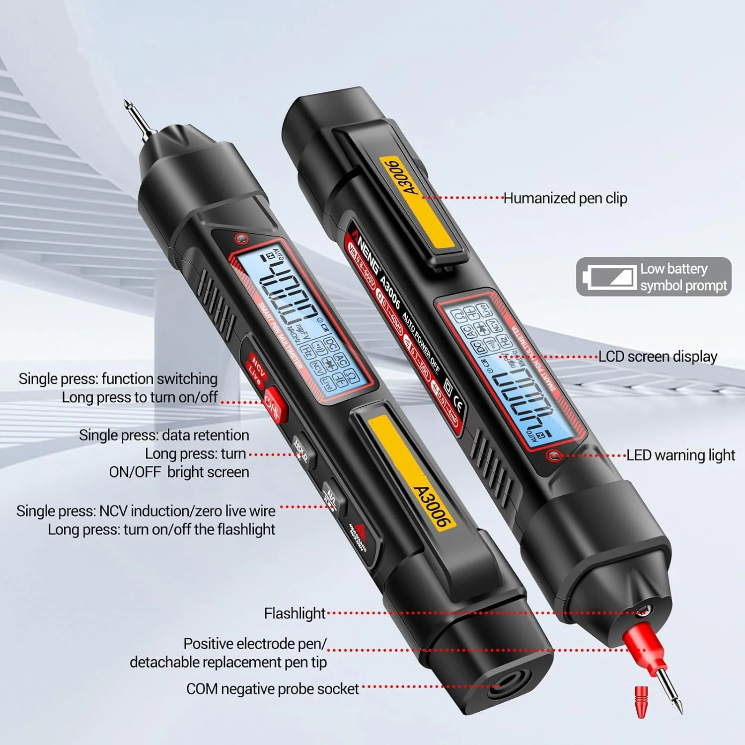 مولتی متر قلمی چند منظوره KOWVOWZ A3006 با 4000 شمارش، تستر ولتاژ AC/DC 2 در 1، ردیاب سیم فاز با صفحه نمایش LCD دارای نور پس زمینه برای تست مقاومت، ظرفیت خازنی و دیود مولتی متر قلمی چند منظوره KOWVOWZ A3006 با 4000 شمارش، تستر ولتاژ AC/DC 2 در 1، ردیاب سیم فاز با صفحه نمایش LCD دارای نور پس زمینه برای تست مقاومت، ظرفیت خازنی و دیود