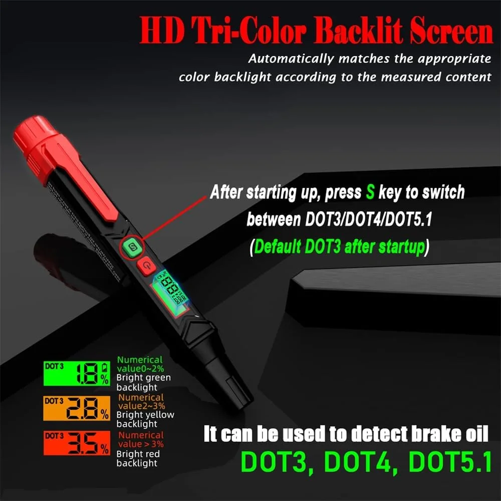 قلم تست مایع ترمز Azonee، آشکارساز محتوای مایع ترمز خودرو، ابزار تست تشخیصی ترمز خودرو، قلم تست مایع هیدرولیک، آنالایزر رطوبت روغن برای DOT3 DOT4 DOT5.1 قلم تست مایع ترمز Azonee، آشکارساز محتوای مایع ترمز خودرو، ابزار تست تشخیصی ترمز خودرو، قلم تست مایع هیدرولیک، آنالایزر رطوبت روغن برای DOT3 DOT4 DOT5.1