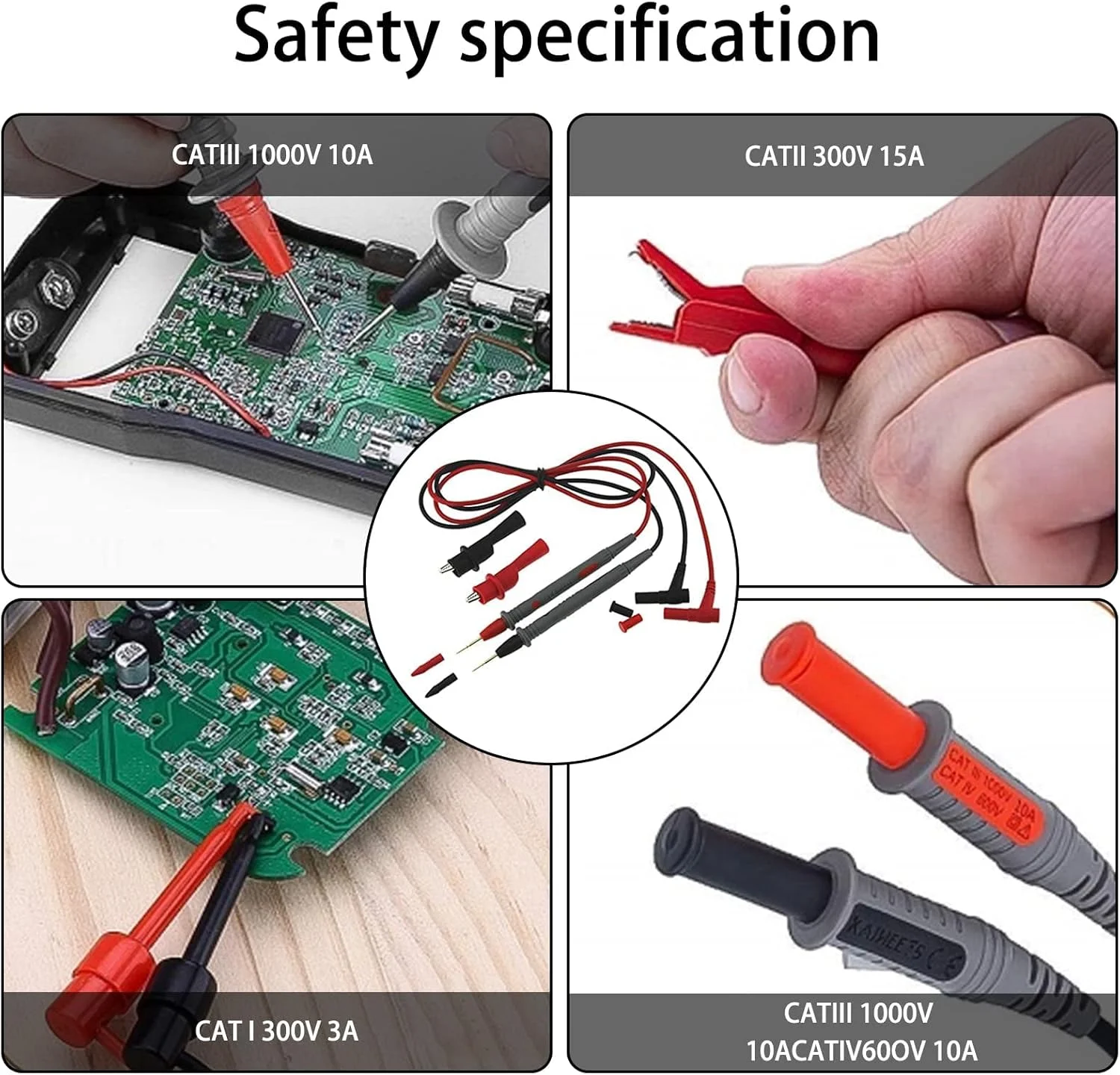 کیت سیم تست مولتی متر 10A 1000V به همراه گیره سوسماری و پراب، مناسب برای تست قطعات الکتریکی کیت سیم تست مولتی متر 10A 1000V به همراه گیره سوسماری و پراب، مناسب برای تست قطعات الکتریکی