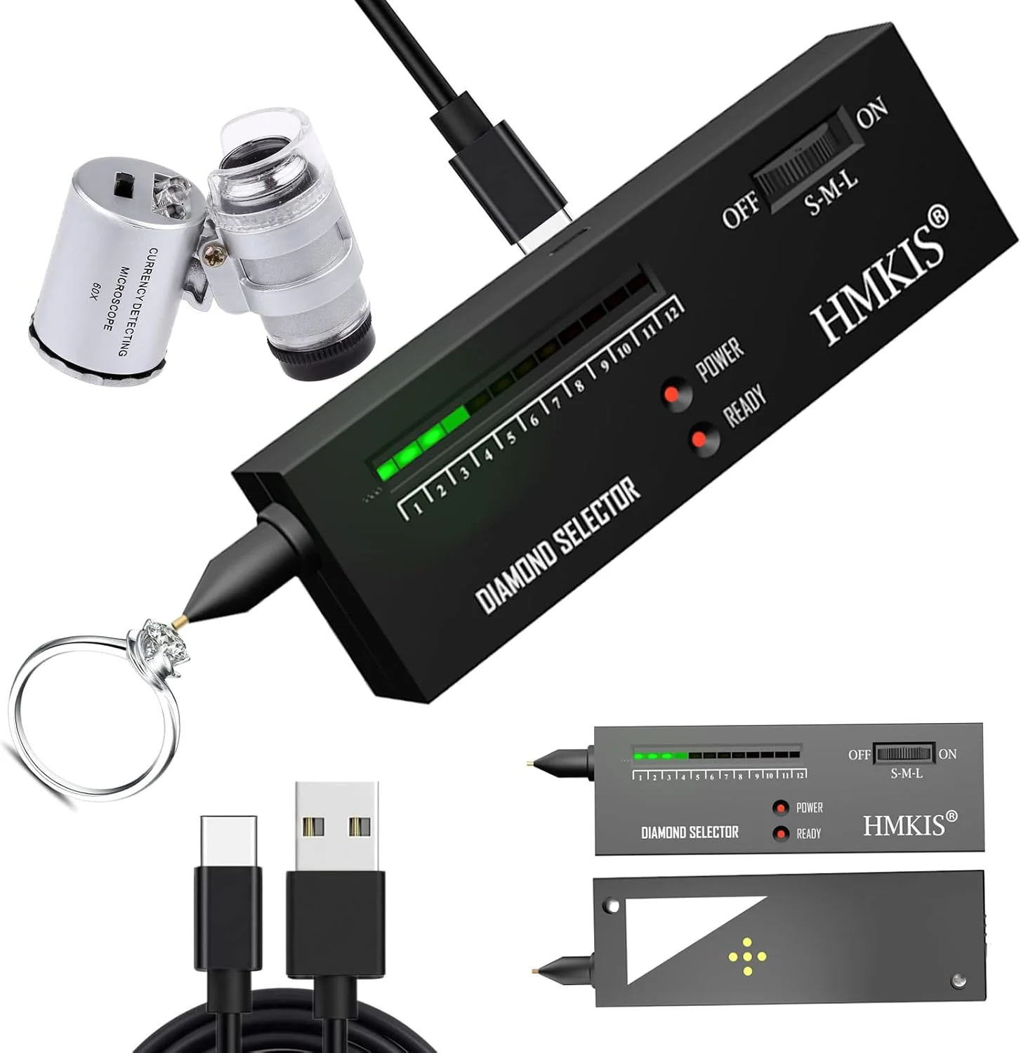 قلم تست الماس، تستر الماس جواهرات با دقت بالا + ذره بین مینی LED 60X، انتخابگر حرفه ای الماس برای مبتدی و متخصص، متر رسانایی حرارتی