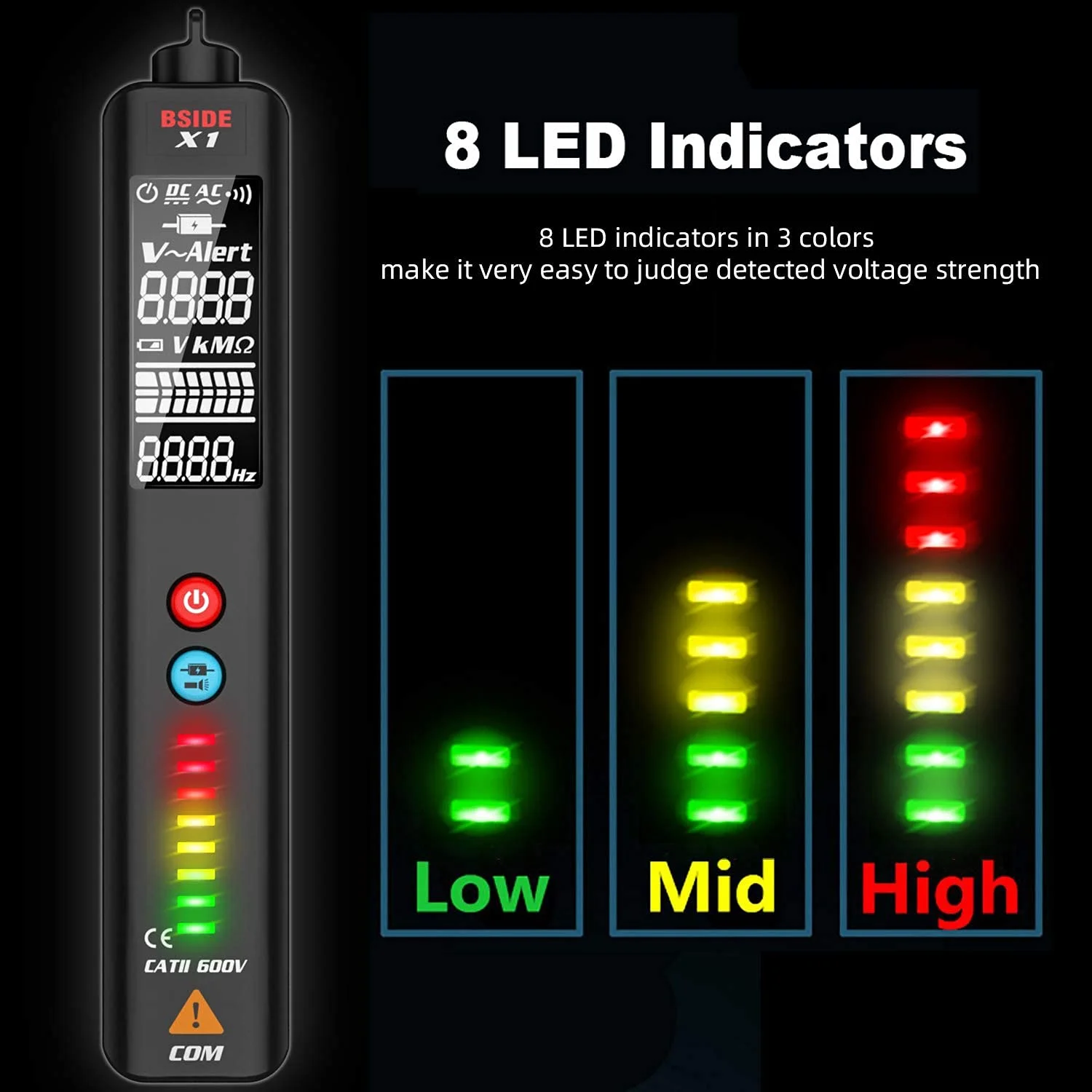 آشکارساز ولتاژ LCD مدل BSIDE EBTN، قلم تست ولتاژ AC غیر تماسی با نمایشگر 3 خطی، حساسیت قابل تنظیم، محدوده دوگانه 6V-1000V/90V-1000V، سنسور برق، بررسی کننده سیم برق دار با چراغ قوه