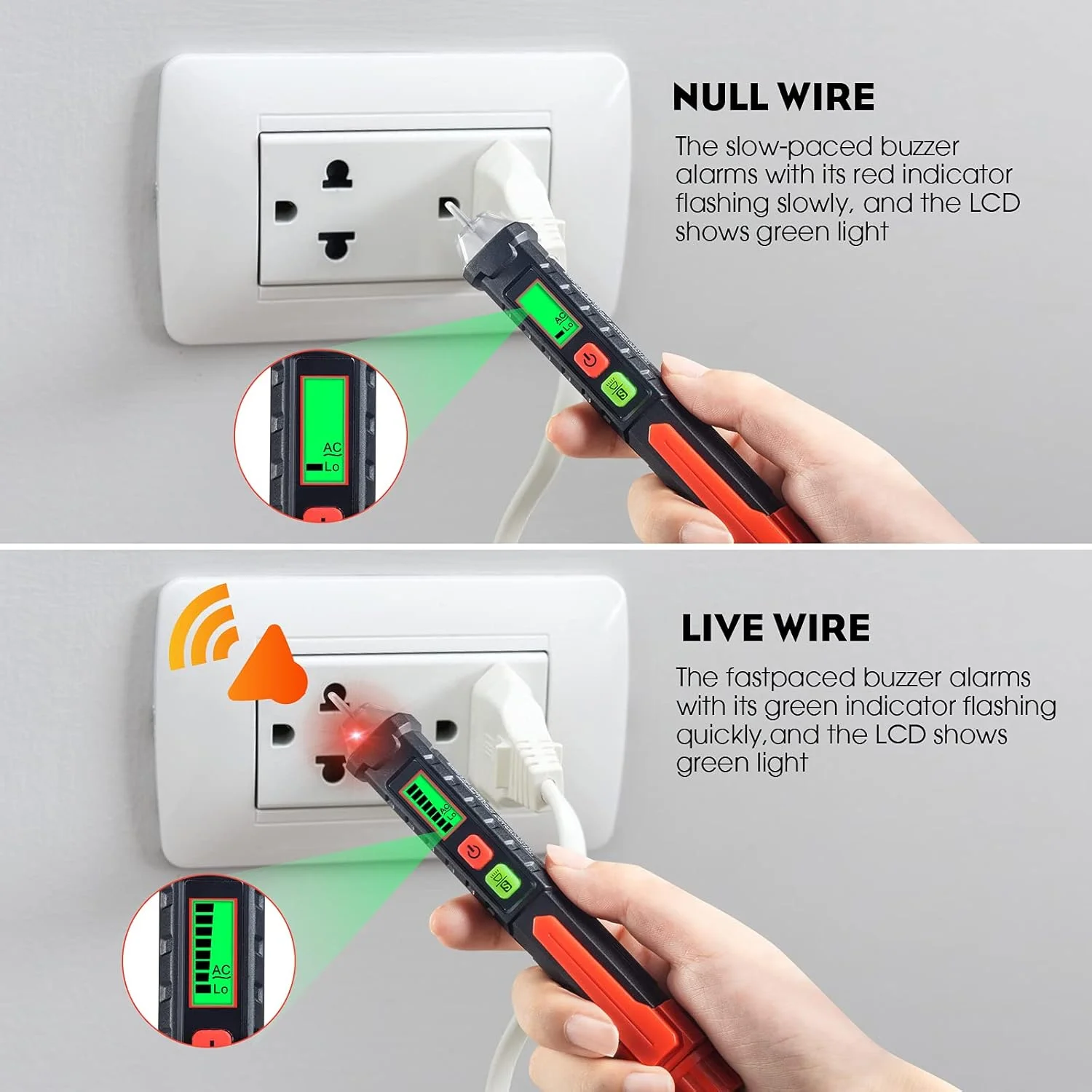 قلم تست ولتاژ AC بدون تماس WGGE با محدوده دوگانه AC 12V-1000V/48V-1000V، قلم الکتریکی با صفحه نمایش LCD و آلارم زنگ هشدار چراغ قوه، تشخیص نقطه شکست سیم، تست سیم برق/خنثی قلم تست ولتاژ AC بدون تماس WGGE با محدوده دوگانه AC 12V-1000V/48V-1000V، قلم الکتریکی با صفحه نمایش LCD و آلارم زنگ هشدار چراغ قوه، تشخیص نقطه شکست سیم، تست سیم برق/خنثی