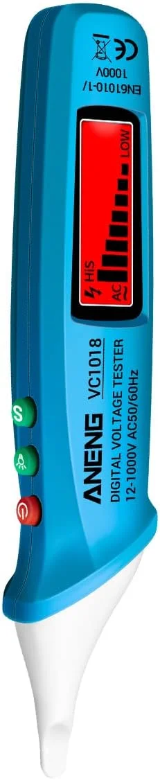 قلم تست ولتاژ غیر تماسی دیجیتال LCD مدل VC1018، 12 تا 1000 ولت، قلم تست چند منظوره، آشکارساز ولتاژ AC، تست پیوستگی الکتریکی باتری، مداد تست با آلارم صوتی و نوری
