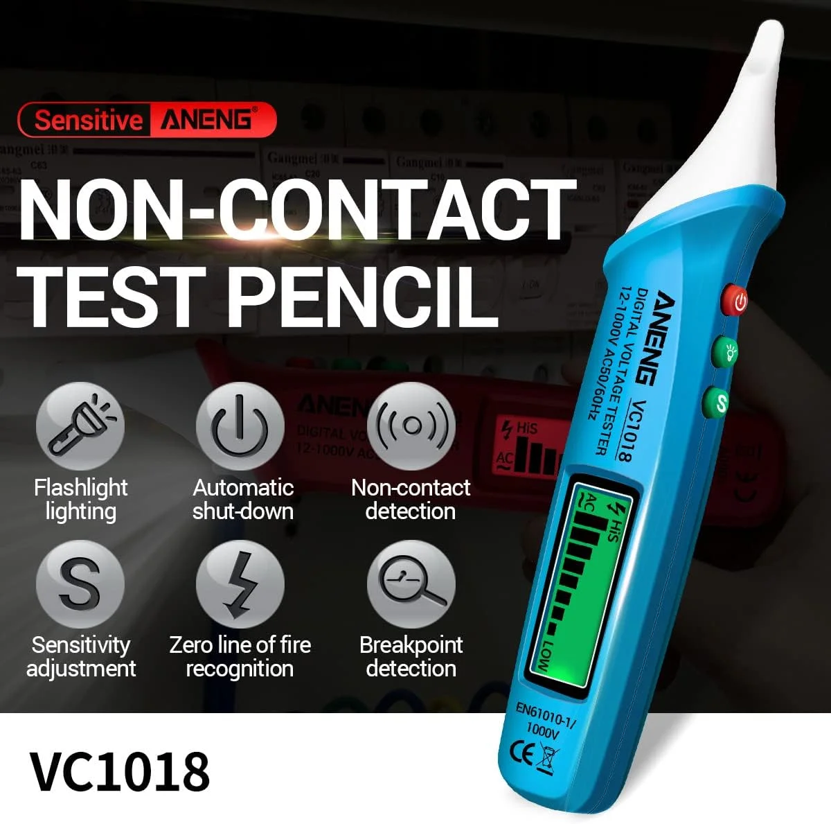 قلم تست ولتاژ غیر تماسی دیجیتال LCD مدل VC1018، 12 تا 1000 ولت، قلم تست چند منظوره، آشکارساز ولتاژ AC، تست پیوستگی الکتریکی باتری، مداد تست با آلارم صوتی و نوری قلم تست ولتاژ غیر تماسی دیجیتال LCD مدل VC1018، 12 تا 1000 ولت، قلم تست چند منظوره، آشکارساز ولتاژ AC، تست پیوستگی الکتریکی باتری، مداد تست با آلارم صوتی و نوری