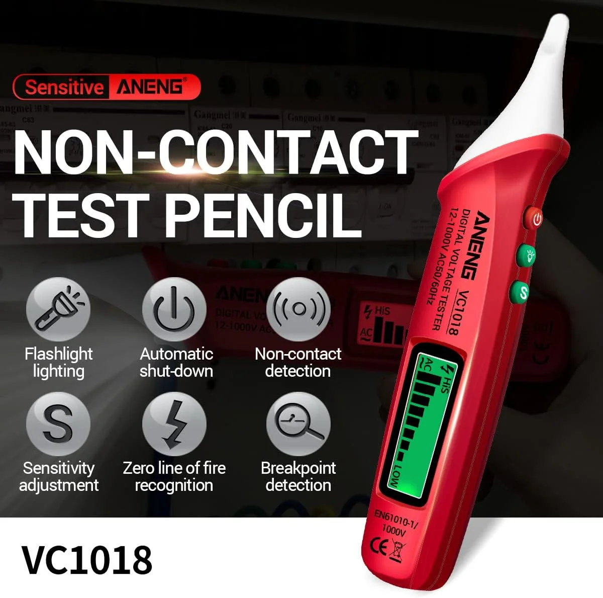 قلم تست ولتاژ غیر تماسی دیجیتال LCD مدل VC1018، 12V-1000V، قلم تست چند منظوره، آشکارساز ولتاژ AC، تست پیوستگی الکتریکی باتری، مداد تست با آلارم صوتی و نوری قلم تست ولتاژ غیر تماسی دیجیتال LCD مدل VC1018، 12V-1000V، قلم تست چند منظوره، آشکارساز ولتاژ AC، تست پیوستگی الکتریکی باتری، مداد تست با آلارم صوتی و نوری