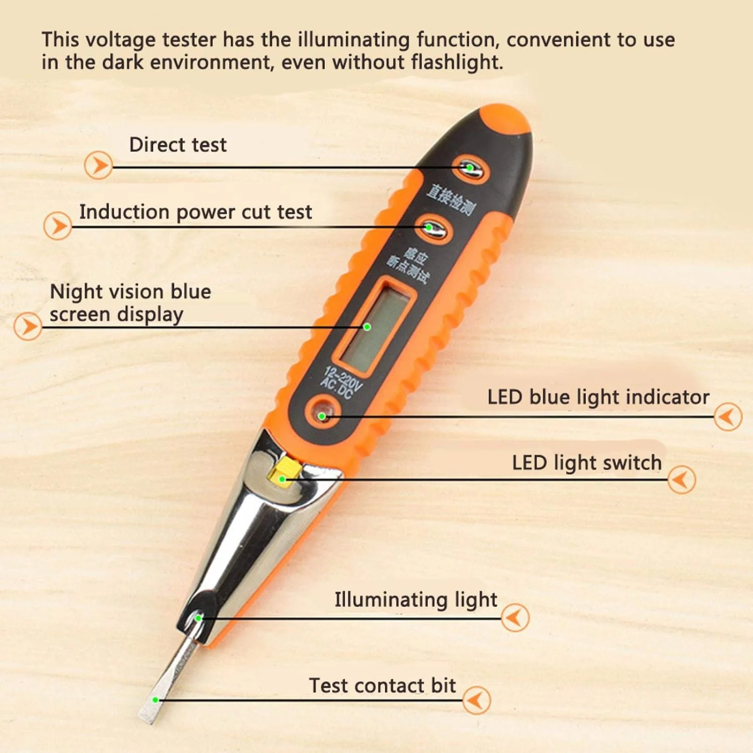 قلم تست ولتاژ دیجیتال AC/DC با نمایشگر LED برای مصارف خانگی، کارخانه و برقکار، 12-220 ولت (قلم با چراغ)