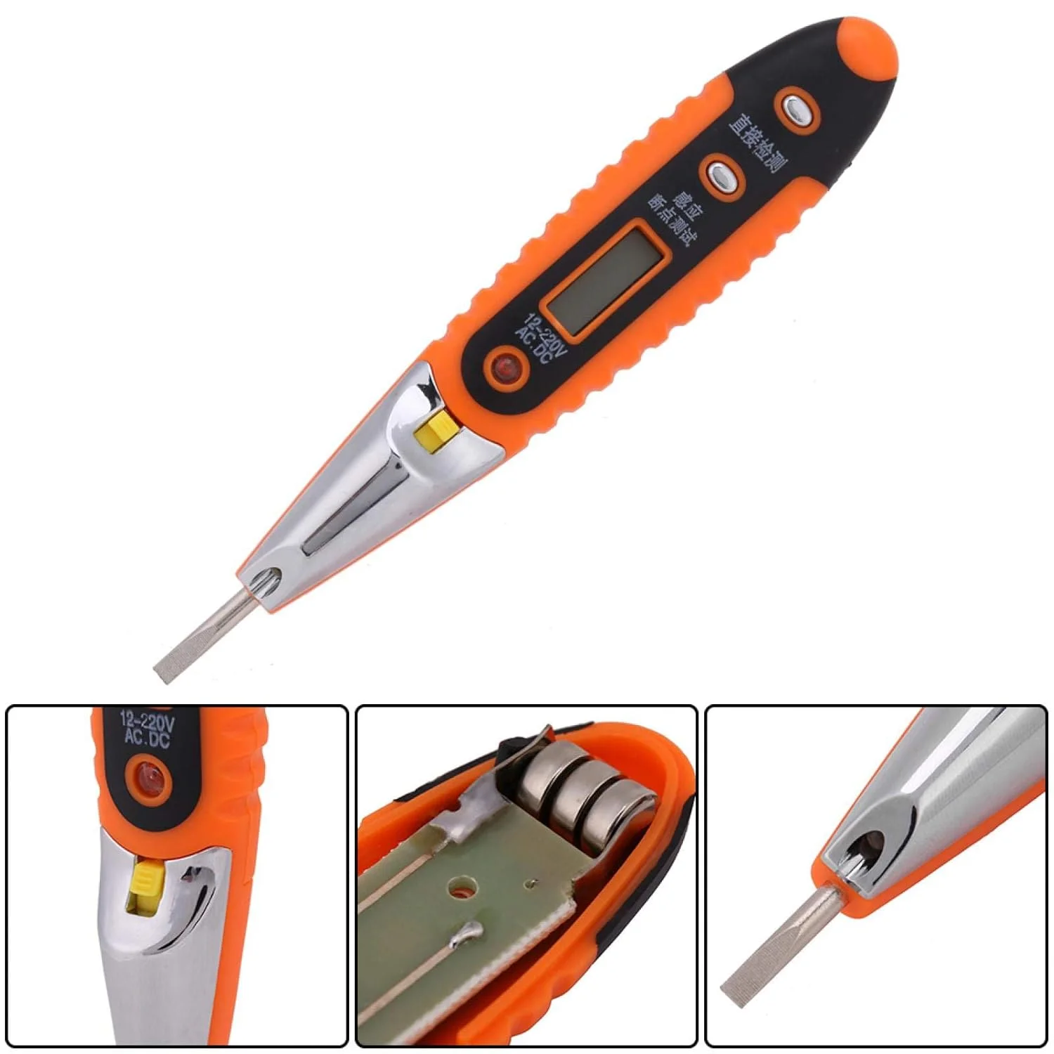 قلم تست ولتاژ دیجیتال AC/DC با نمایشگر LED برای مصارف خانگی، کارخانه و برقکار، 12-220 ولت (قلم با چراغ)