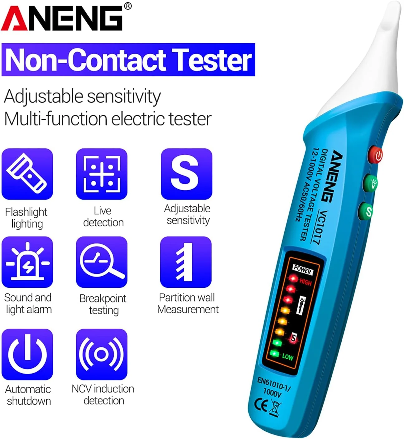 تستر ولتاژ ایرومای، VC1017 تستر ولتاژ AC قلمی، قلم تست الکتریکی NCV، قلم تست هوشمند تشخیص خط برای تکنسین برق تستر ولتاژ ایرومای، VC1017 تستر ولتاژ AC قلمی، قلم تست الکتریکی NCV، قلم تست هوشمند تشخیص خط برای تکنسین برق