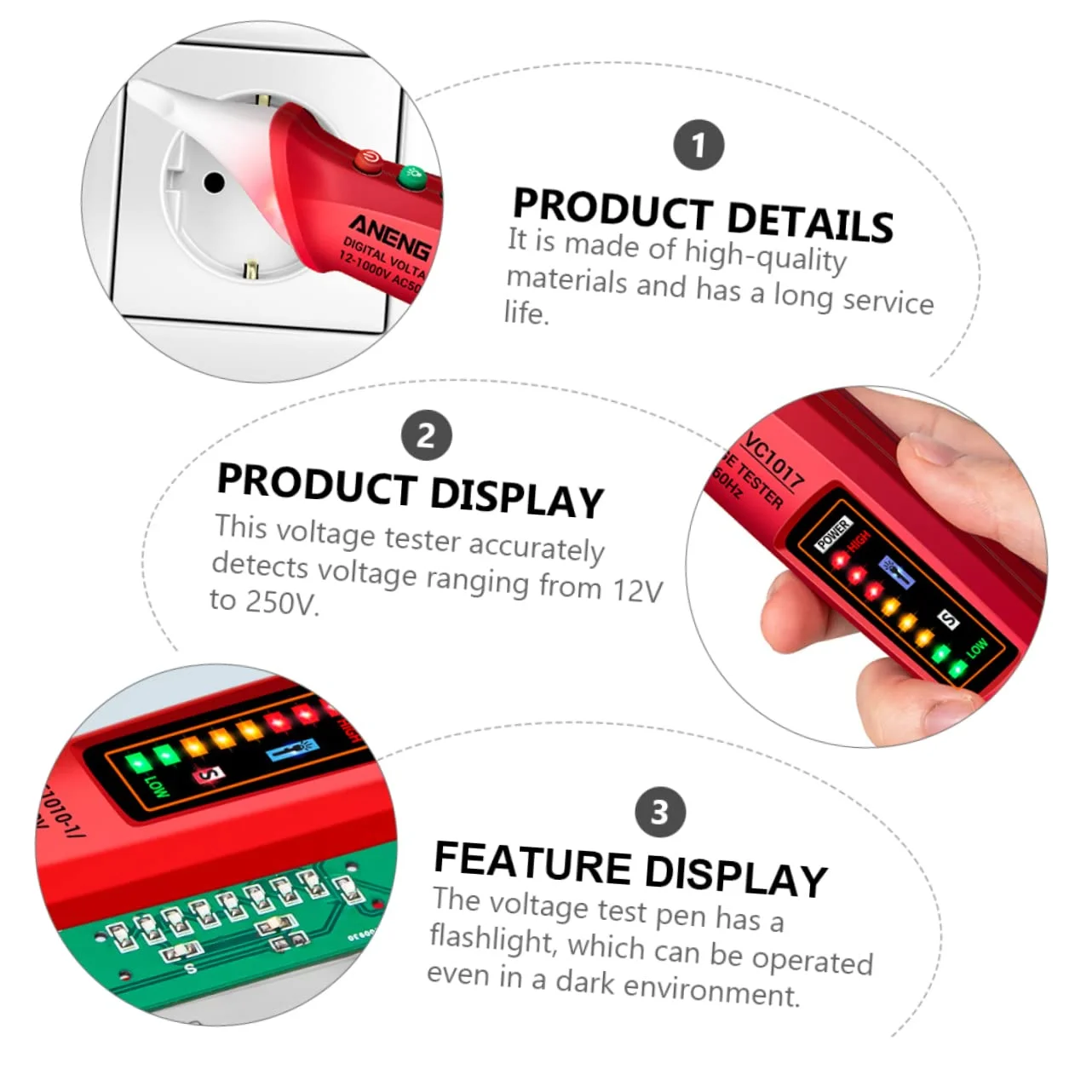 ولت متر 3 عددی با هشدار صوتی و نوری، قلم تستی دیجیتال الکتریکی به شکل مداد، تستر قلم بررسی ولتاژ الکتریکی دیجیتال، آشکارساز ولتاژ الکتریکی ABS (رنگ: قرمز 2 عدد، اندازه