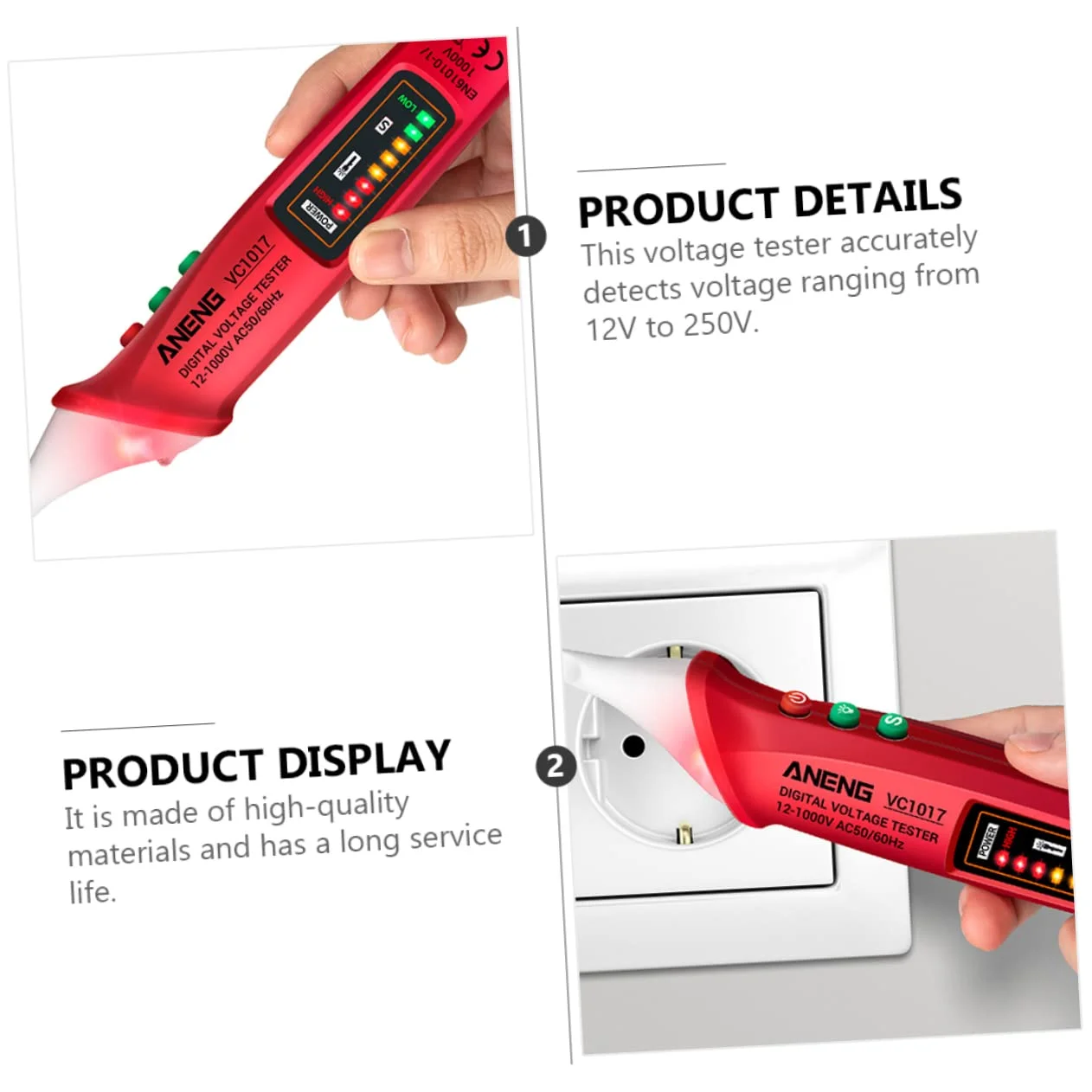 ولت متر 3 عددی با هشدار صوتی و نوری، قلم تستی دیجیتال الکتریکی به شکل مداد، تستر قلم بررسی ولتاژ الکتریکی دیجیتال، آشکارساز ولتاژ الکتریکی ABS (رنگ: قرمز 2 عدد، اندازه