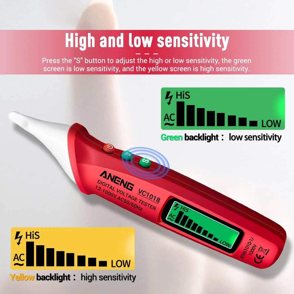 تستر ولتاژ دیجیتال غیر تماسی LCD مدل Morelian VC1018 با محدوده 12 تا 1000 ولت، قلم تست چند منظوره، آشکارساز ولتاژ AC، تداوم الکتریکی، تست باتری، مداد تست با هشدار صوتی و نوری