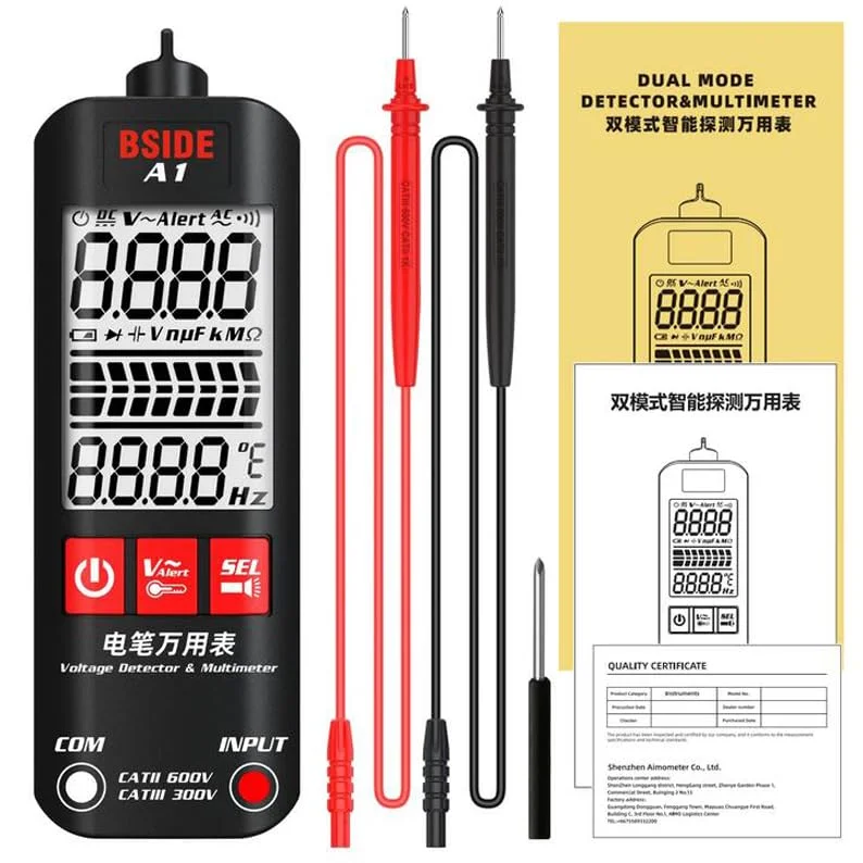 قلم تست ولتاژ A1 مولتی متر نمایش 3 نتیجه، تستر الکترونیکی نقطه شکست AC DC غیر تماسی، مقاومت خودکار هرتز