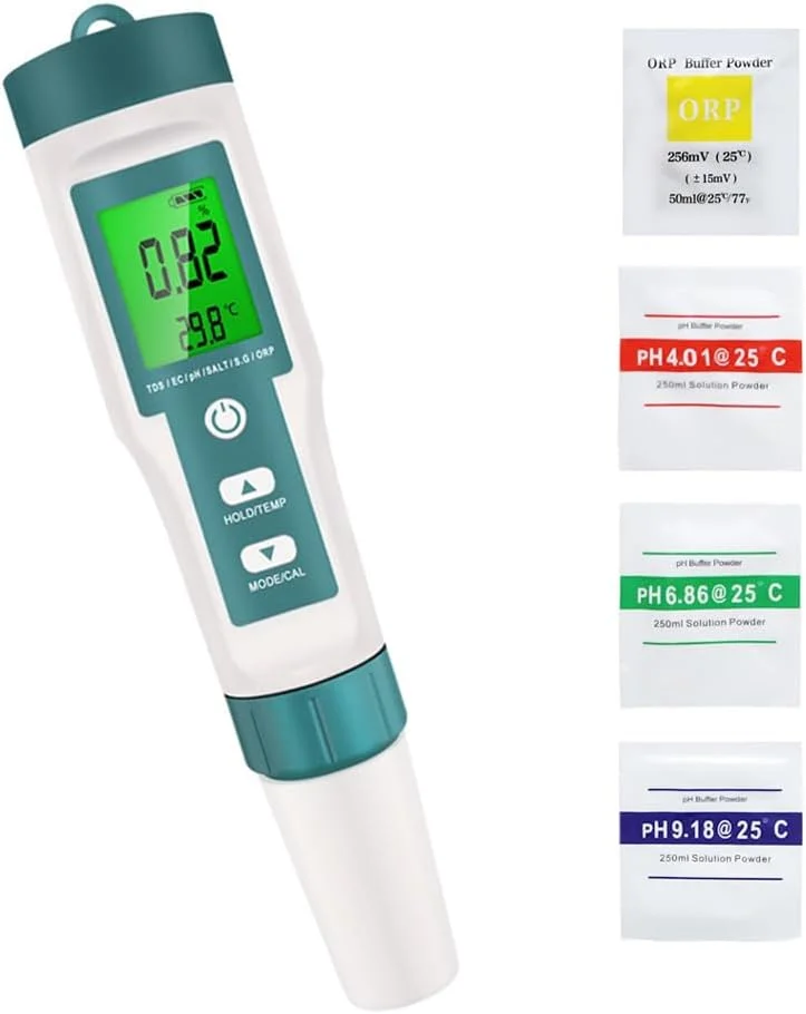 قلم تست کیفیت آب 7 در 1، تستر PH، آنالایزر کیفیت آب قابل حمل، PH/ORP/EC/TEMP/SALT/S.G/TDS LCD با نور پس زمینه ضد آب IP67، قلم تست کیفیت آب چند منظوره