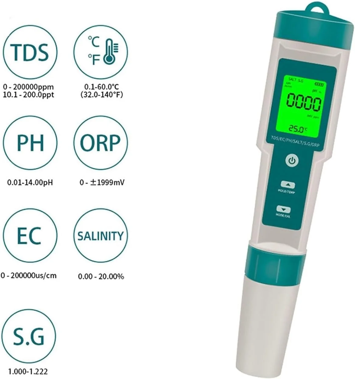 قلم تست کیفیت آب 7 در 1، تستر PH، آنالایزر کیفیت آب قابل حمل، PH/ORP/EC/TEMP/SALT/S.G/TDS LCD با نور پس زمینه ضد آب IP67، قلم تست کیفیت آب چند منظوره