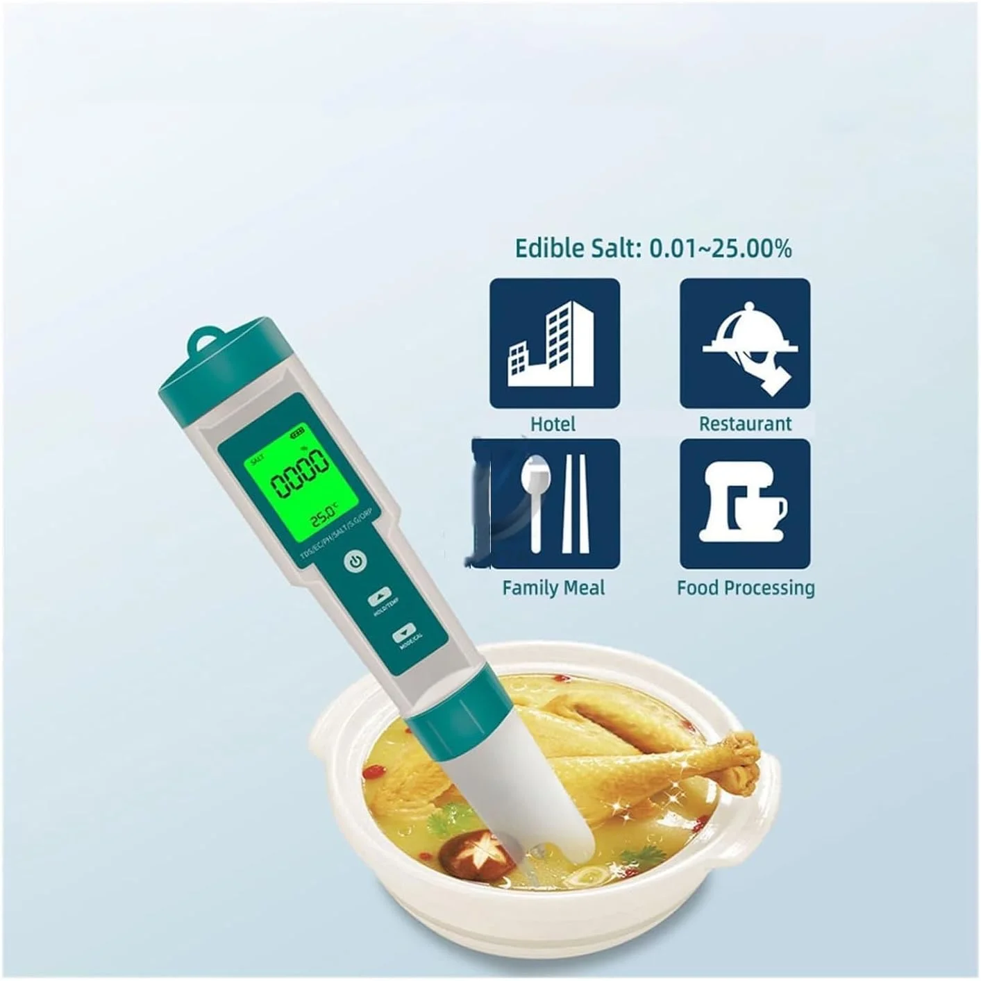 قلم تست کیفیت آب 7 در 1، تستر PH، آنالایزر کیفیت آب قابل حمل، PH/ORP/EC/TEMP/SALT/S.G/TDS LCD با نور پس زمینه ضد آب IP67، قلم تست کیفیت آب چند منظوره