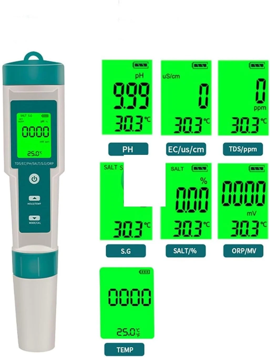 قلم تست کیفیت آب 7 در 1، تستر PH، آنالایزر کیفیت آب قابل حمل، PH/ORP/EC/TEMP/SALT/S.G/TDS LCD با نور پس زمینه ضد آب IP67، قلم تست کیفیت آب چند منظوره