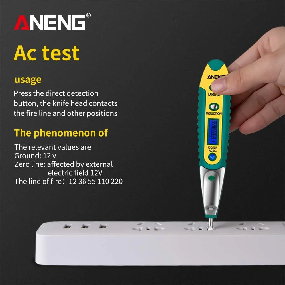 قلم تست ولتاژ دیجیتال LCD مدل GoolRC VD700 AC/DC 12-250V، قلم تست ولتاژ، پیچ گوشتی برقی، قلم چند منظوره تشخیص ولتاژ با نور کمکی LED