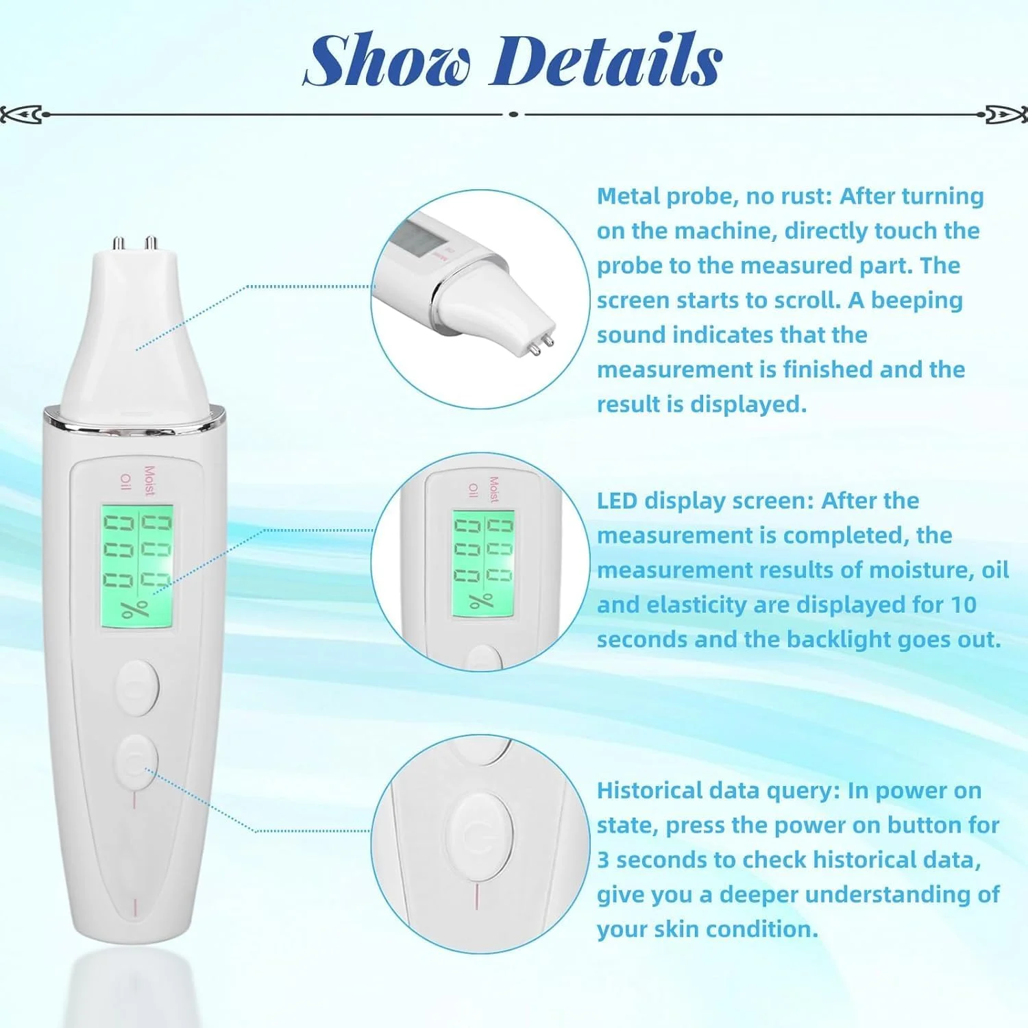 تستر رطوبت پوست، دستگاه دیجیتال ال سی دی دقیق برای تجزیه و تحلیل میزان رطوبت و چربی پوست، مینی تستر قابل حمل پوست صورت، قلم تشخیص آب و چربی با پایه جهانی، عملکرد پرس و جوی داده های تاریخی