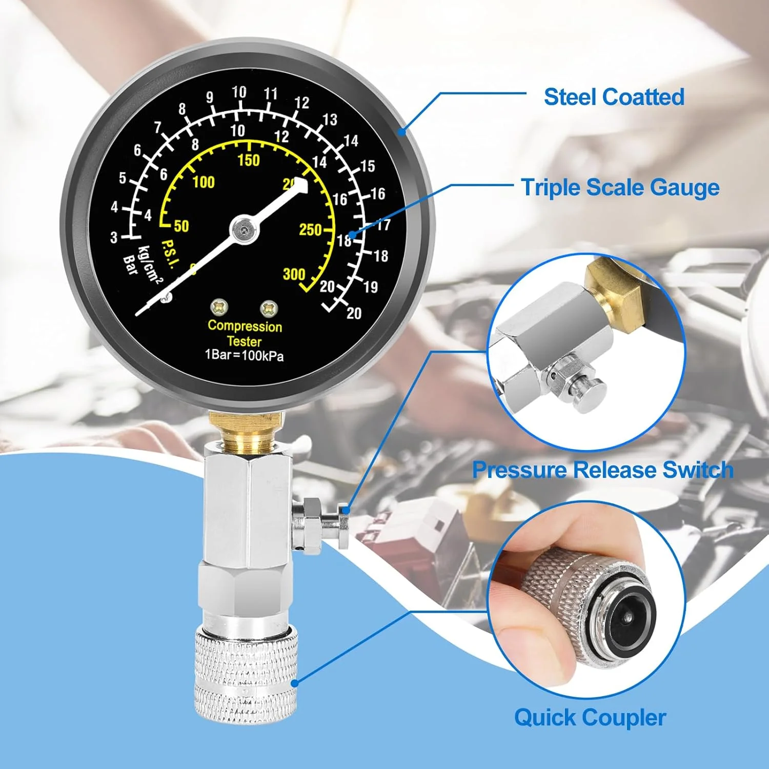 مجموعه تست فشار کمپرسور موتور BETOOLL شامل ۱۴ قطعه با تستر شمع و قلم تست مایع ترمز - گیج فشار سیلندر موتور ۳۰۰PSI ابزار خودرو مجموعه تست فشار کمپرسور موتور BETOOLL شامل ۱۴ قطعه با تستر شمع و قلم تست مایع ترمز - گیج فشار سیلندر موتور ۳۰۰PSI ابزار خودرو