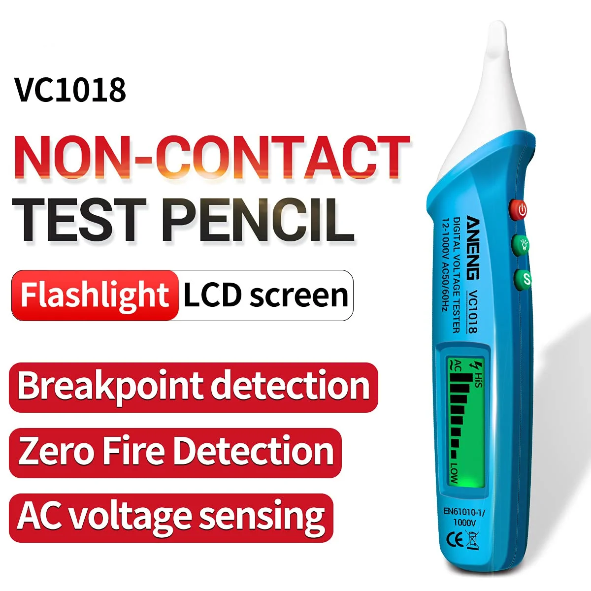 قلم تست ولتاژ غیر تماسی Tidrop VC1018 با صفحه نمایش LCD دیجیتال 12V-1000V، قلم تست چند منظوره تشخیص ولتاژ AC/DC، تست باتری و پیوستگی الکتریکی با آلارم صوتی و نوری قلم تست ولتاژ غیر تماسی Tidrop VC1018 با صفحه نمایش LCD دیجیتال 12V-1000V، قلم تست چند منظوره تشخیص ولتاژ AC/DC، تست باتری و پیوستگی الکتریکی با آلارم صوتی و نوری