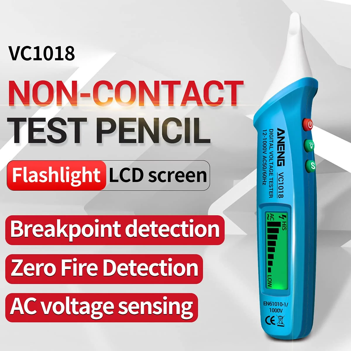 قلم تست ولتاژ غیر تماسی Tidrop VC1018 با صفحه نمایش LCD دیجیتال 12V-1000V، قلم تست چند منظوره تشخیص ولتاژ AC/DC، تست باتری و پیوستگی الکتریکی با آلارم صوتی و نوری قلم تست ولتاژ غیر تماسی Tidrop VC1018 با صفحه نمایش LCD دیجیتال 12V-1000V، قلم تست چند منظوره تشخیص ولتاژ AC/DC، تست باتری و پیوستگی الکتریکی با آلارم صوتی و نوری
