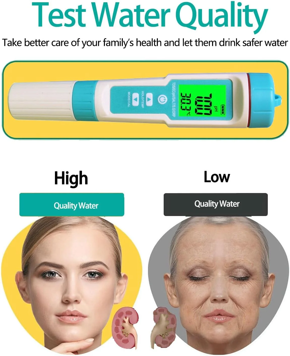 دستگاه سنجش کیفیت آب دیجیتال گلوکلاز 7 در 1 TDS/EC/Salt/S G/دما/ORP، تستر قلمی ضد آب با صفحه نمایش LCD و دقت بالای 0.01 و سیستم ATC و 3 بسته پودر بافر PH برای آکواریوم استخر دستگاه سنجش کیفیت آب دیجیتال گلوکلاز 7 در 1 TDS/EC/Salt/S G/دما/ORP، تستر قلمی ضد آب با صفحه نمایش LCD و دقت بالای 0.01 و سیستم ATC و 3 بسته پودر بافر PH برای آکواریوم استخر