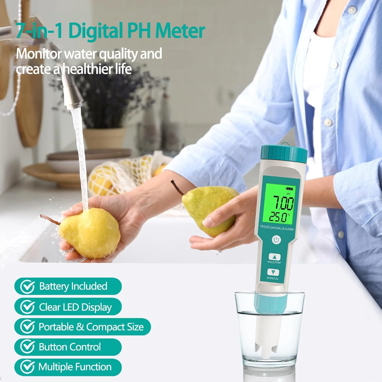 دستگاه سنجش کیفیت آب دیجیتال گلوکلاز 7 در 1 TDS/EC/Salt/S G/دما/ORP، تستر قلمی ضد آب با صفحه نمایش LCD و دقت بالای 0.01 و سیستم ATC و 3 بسته پودر بافر PH برای آکواریوم استخر دستگاه سنجش کیفیت آب دیجیتال گلوکلاز 7 در 1 TDS/EC/Salt/S G/دما/ORP، تستر قلمی ضد آب با صفحه نمایش LCD و دقت بالای 0.01 و سیستم ATC و 3 بسته پودر بافر PH برای آکواریوم استخر