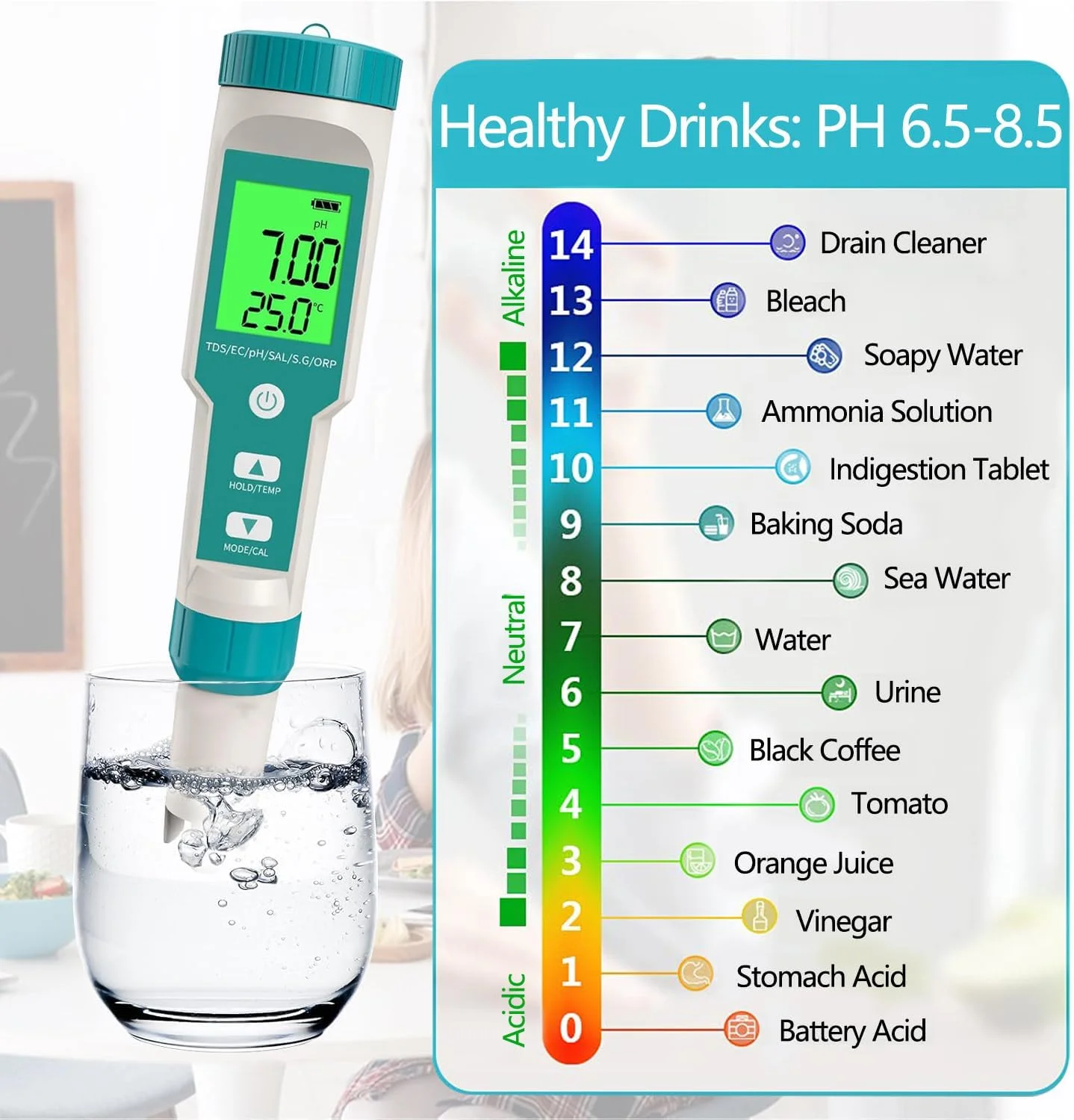 دستگاه سنجش کیفیت آب دیجیتال گلوکلاز 7 در 1 TDS/EC/Salt/S G/دما/ORP، تستر قلمی ضد آب با صفحه نمایش LCD و دقت بالای 0.01 و سیستم ATC و 3 بسته پودر بافر PH برای آکواریوم استخر دستگاه سنجش کیفیت آب دیجیتال گلوکلاز 7 در 1 TDS/EC/Salt/S G/دما/ORP، تستر قلمی ضد آب با صفحه نمایش LCD و دقت بالای 0.01 و سیستم ATC و 3 بسته پودر بافر PH برای آکواریوم استخر