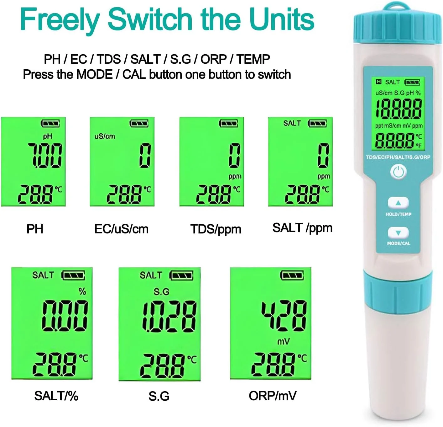 دستگاه سنجش کیفیت آب دیجیتال گلوکلاز 7 در 1 TDS/EC/Salt/S G/دما/ORP، تستر قلمی ضد آب با صفحه نمایش LCD و دقت بالای 0.01 و سیستم ATC و 3 بسته پودر بافر PH برای آکواریوم استخر دستگاه سنجش کیفیت آب دیجیتال گلوکلاز 7 در 1 TDS/EC/Salt/S G/دما/ORP، تستر قلمی ضد آب با صفحه نمایش LCD و دقت بالای 0.01 و سیستم ATC و 3 بسته پودر بافر PH برای آکواریوم استخر