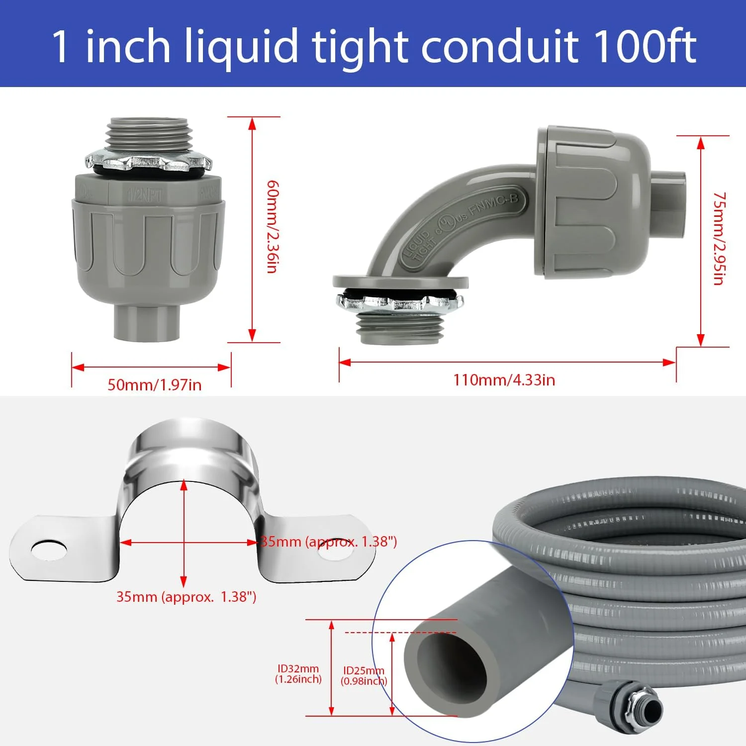 کیت اتصالات لوله خرطومی آببندی شده، کیت لوله خرطومی برق غیرفلزی انعطافپذیر و آببندی شده، لوله برق ضدآب مناسب فضای باز، اتصالات مستقیم/زاویهدار، بستها (1 اینچ در 100 فوت) کیت اتصالات لوله خرطومی آببندی شده، کیت لوله خرطومی برق غیرفلزی انعطافپذیر و آببندی شده، لوله برق ضدآب مناسب فضای باز، اتصالات مستقیم/زاویهدار، بستها (1 اینچ در 100 فوت)