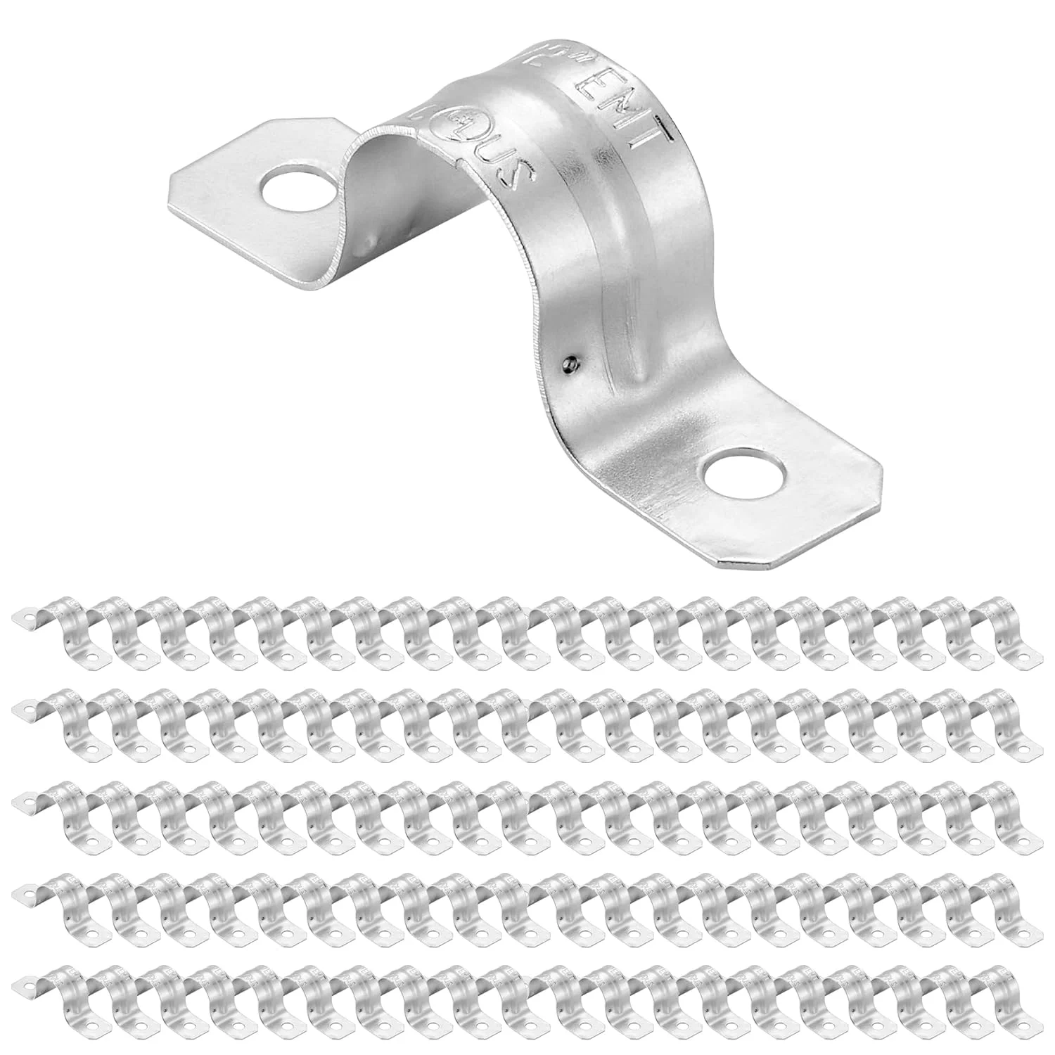 بست لوله فلزی برق (EMT) سایز 1/2 اینچ Maxxima، مدل فشاری دو سوراخه، فولاد با روکش روی (بسته 100 عددی) برای نصب لوله بست لوله فلزی برق (EMT) سایز 1/2 اینچ Maxxima، مدل فشاری دو سوراخه، فولاد با روکش روی (بسته 100 عددی) برای نصب لوله