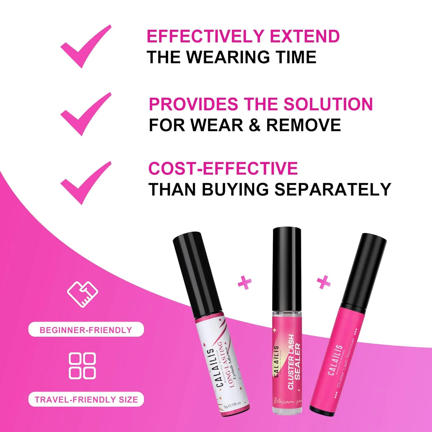 کیت چسب مژه خوشه ای، تثبیت کننده و پاک کننده مژه CALAILIS، چسبندگی فوق العاده قوی و ماندگاری طولانی 72 ساعته، پاک کننده سریع، ملایم، تمیز کننده و بدون تحریک مژه