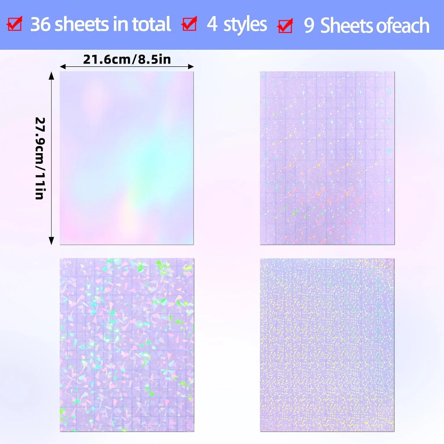 کاغذ استیکر هولوگرافیک Cosrk، فیلم لمینت وینیل هولوگرافیک شفاف، کاغذ استیکر لمینت روکش دار خود چسب ضد آب - الگوهای جواهری، نقطه ای، رنگارنگ، ستاره ای / 8.5x11 اینچ