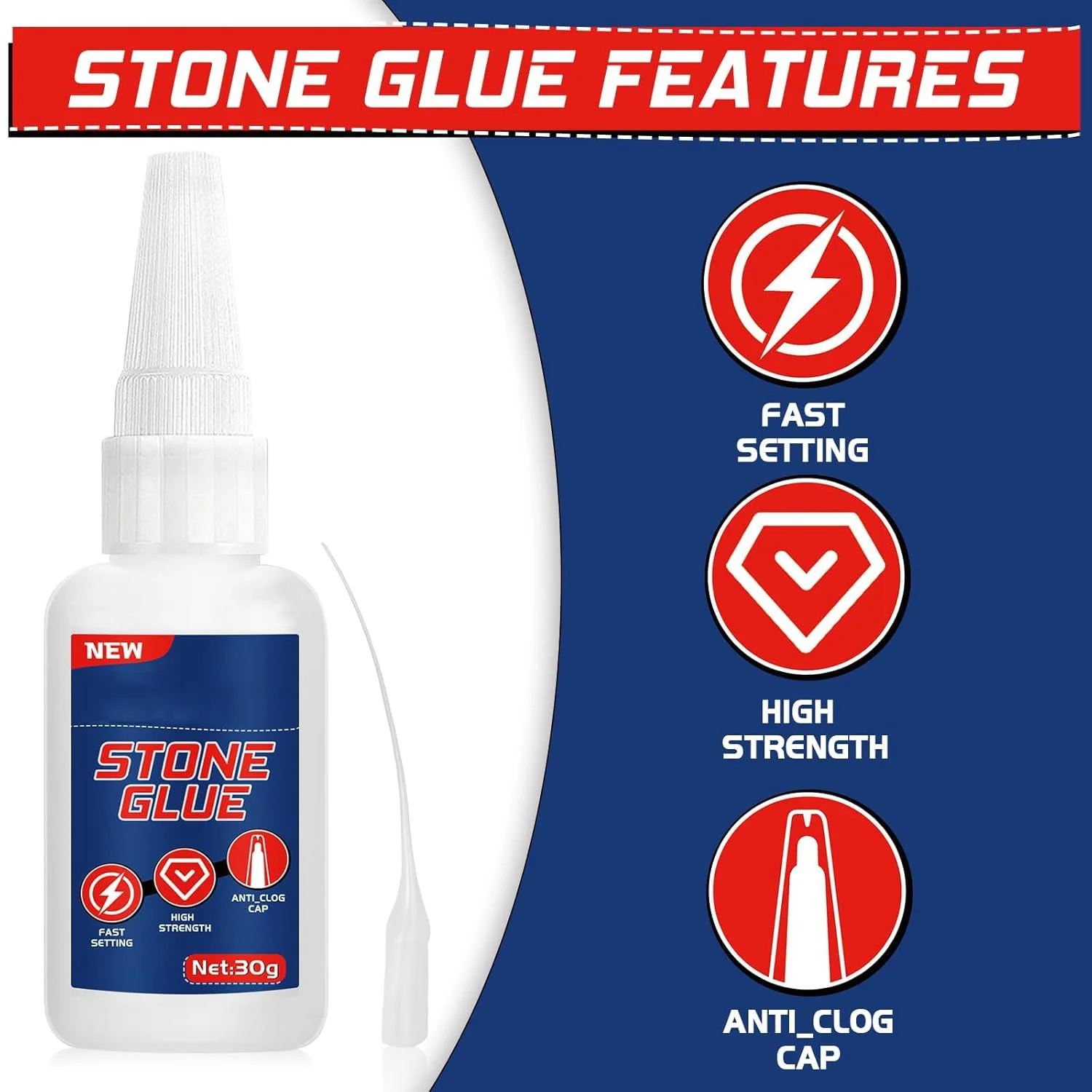 چسب فوق العاده قوی برای سنگ، چسب سیانواکریلات برای مرمر، گرانیت، کاشی، کارهای DIY، با درپوش ضد گرفتگی، ضد آب، مقاوم در برابر حرارت (چسب سنگ، 30 گرم * 1 بسته)