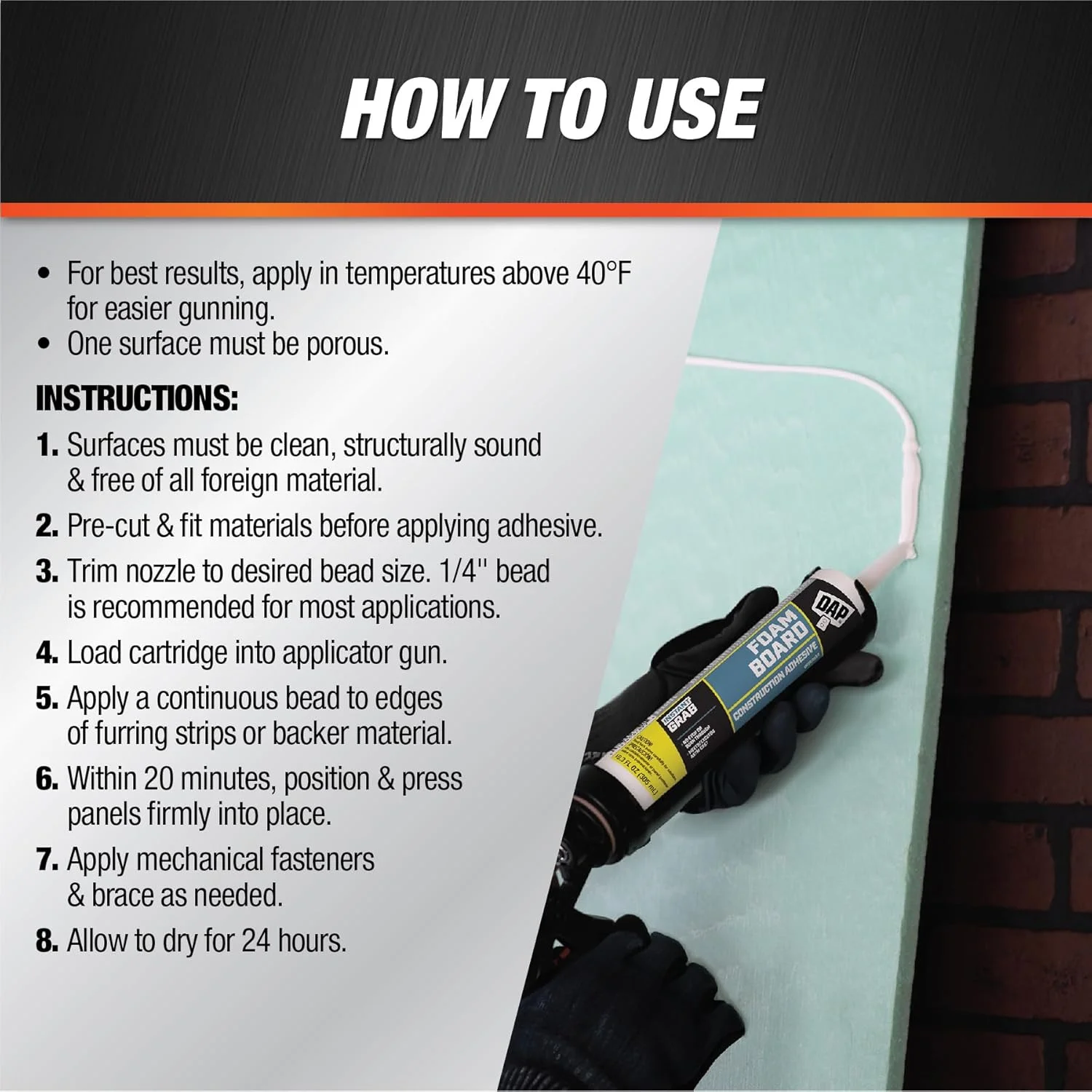 چسب ساختمانی فوم برد دایناگریپ DAP 27519، 306 میلی لیتر، مناسب برای استفاده در داخل و خارج ساختمان، بدون سایز، بدون رنگ