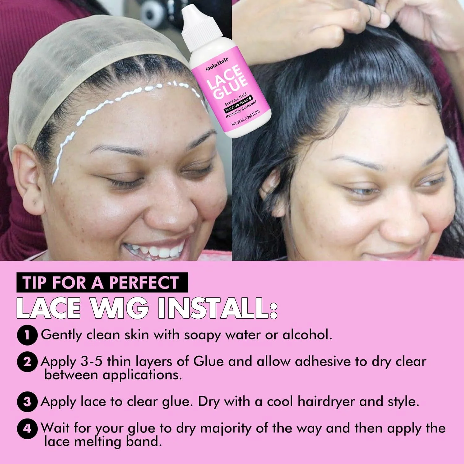 چسب کلاه گیس Dolahair - چسب اتصال مو ضد آب با قدرت چسبندگی فوق العاده برای بافت و سیستم های مو - چسبندگی نامرئی و قوی (شامل 2 عدد کش کلاه گیس)