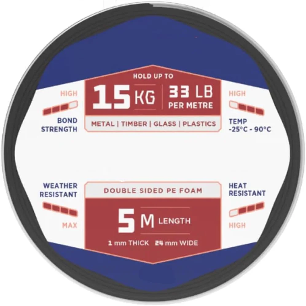 نوار فوم دو طرفه PE، 24 میلی متر x 5 متر (1 رول) | تحمل وزن تا 15 کیلوگرم در هر متر | مقاوم، ضد آب، مقاوم در برابر حرارت | داخلی و خارجی | چسبندگی قوی، بدون نیاز به ابزار